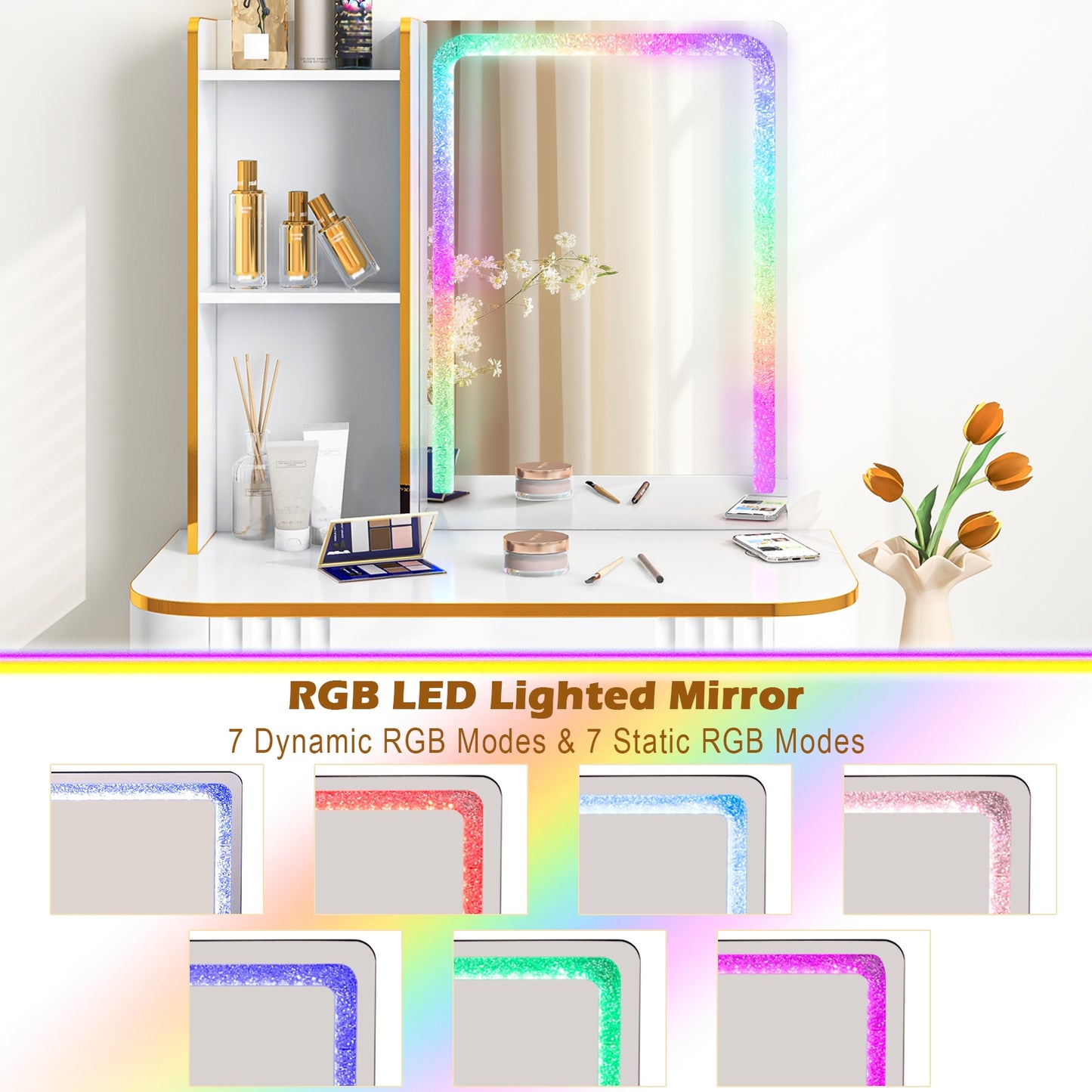 Vanity Table Set with RGB LED Mirror, Wireless Charging, Storage Drawers and Stool – White