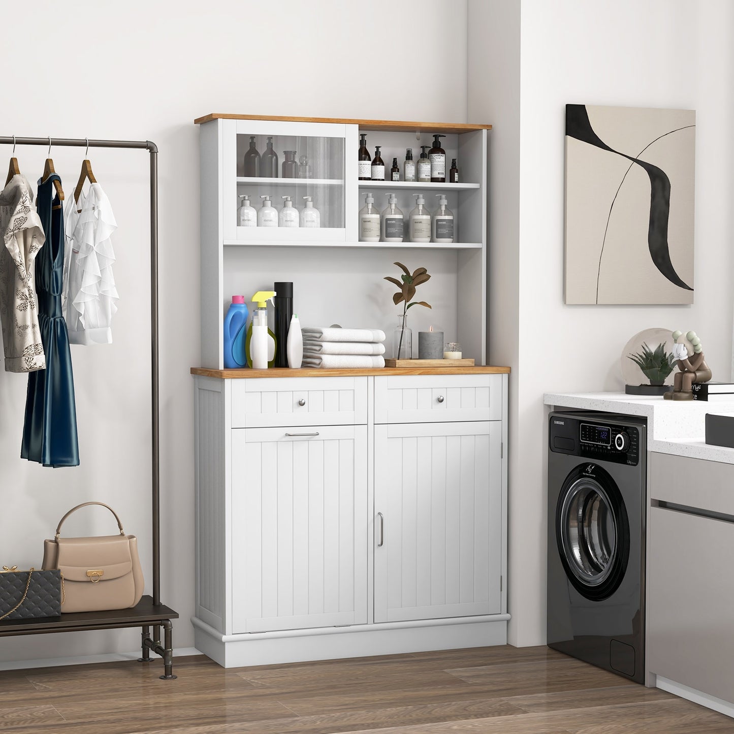Tilt Out Trash Cabinet with Hutch Storage and Solid Rubberwood Countertop Double Bin Design