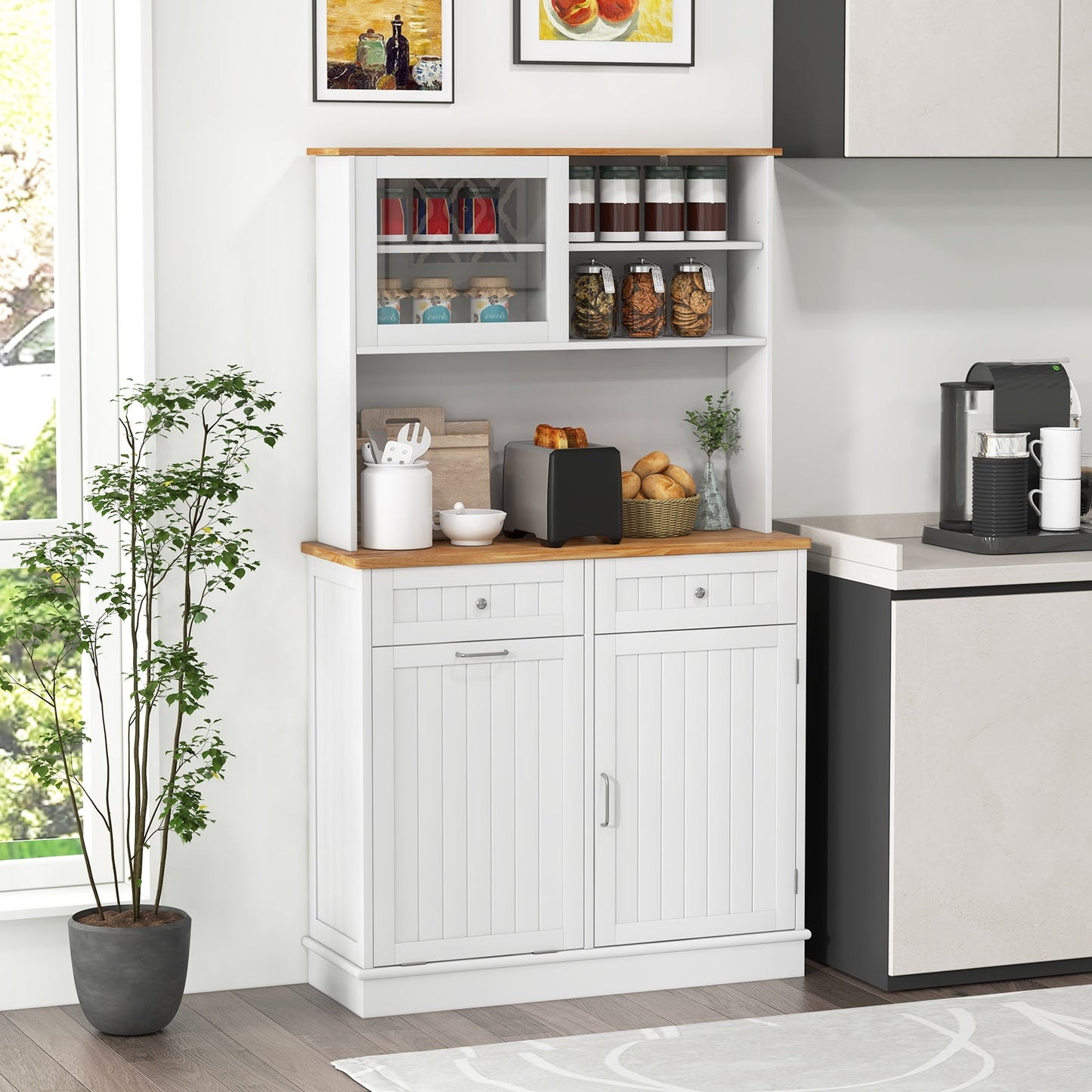 Tilt Out Trash Cabinet with Hutch Storage and Solid Rubberwood Countertop Double Bin Design