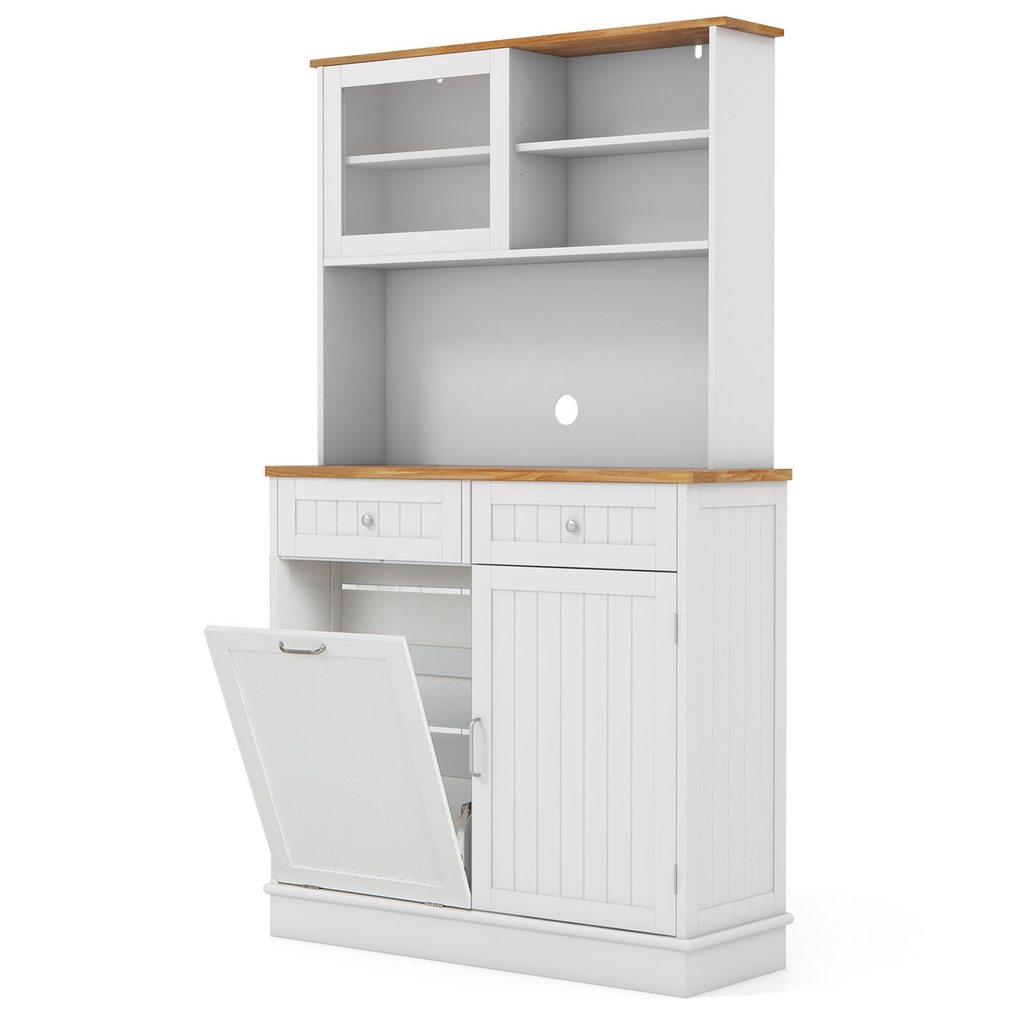 Tilt Out Trash Cabinet with Hutch Storage and Solid Rubberwood Countertop Double Bin Design