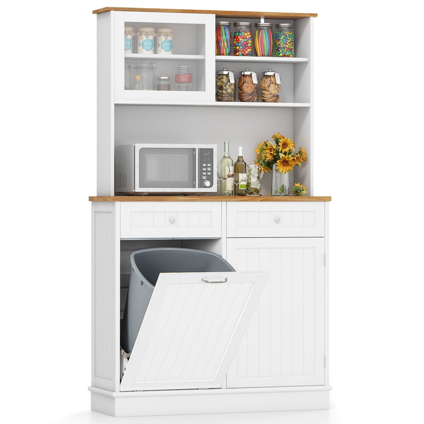 Tilt Out Trash Cabinet with Hutch Storage and Solid Rubberwood Countertop Double Bin Design