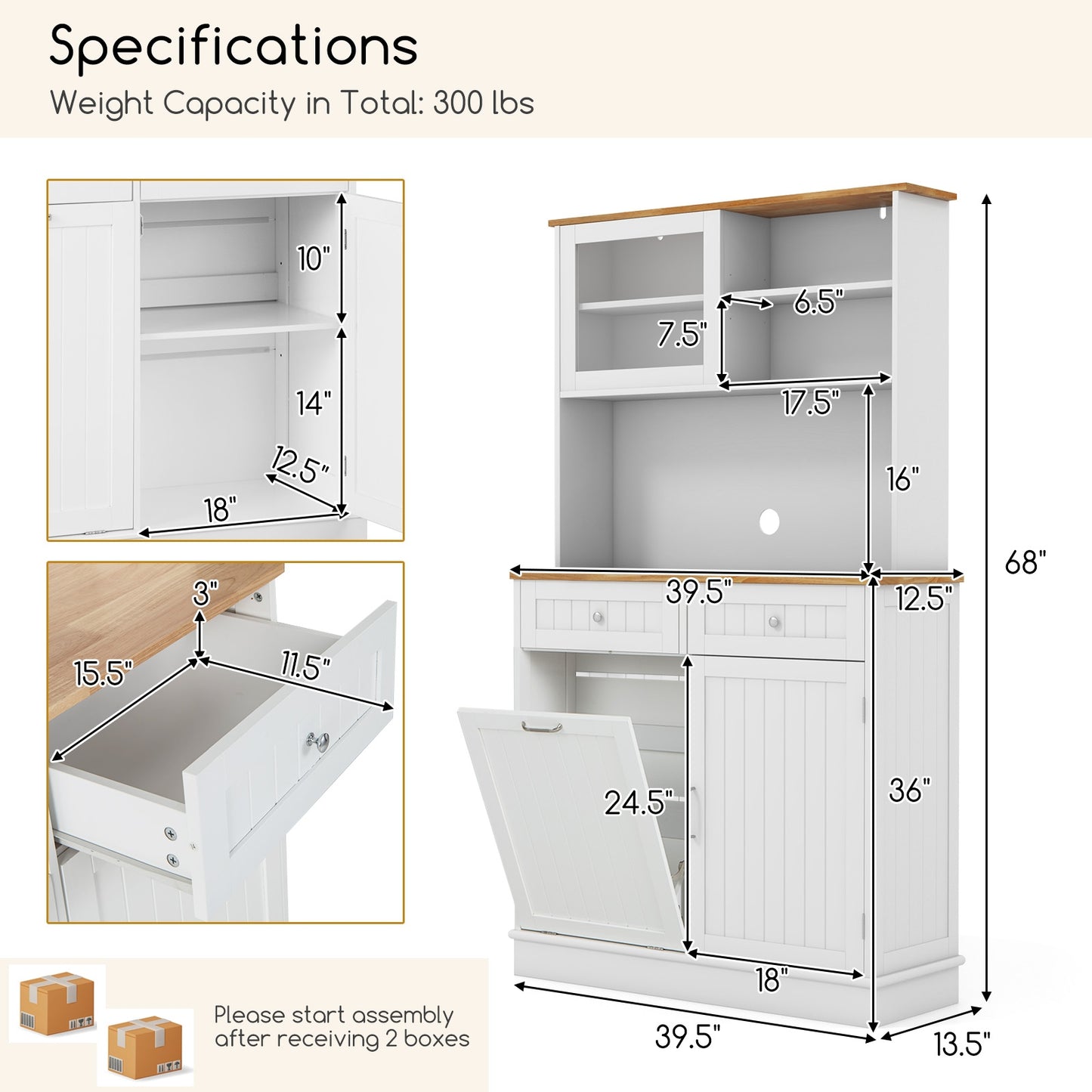 Tilt Out Trash Cabinet with Hutch Storage and Solid Rubberwood Countertop Double Bin Design