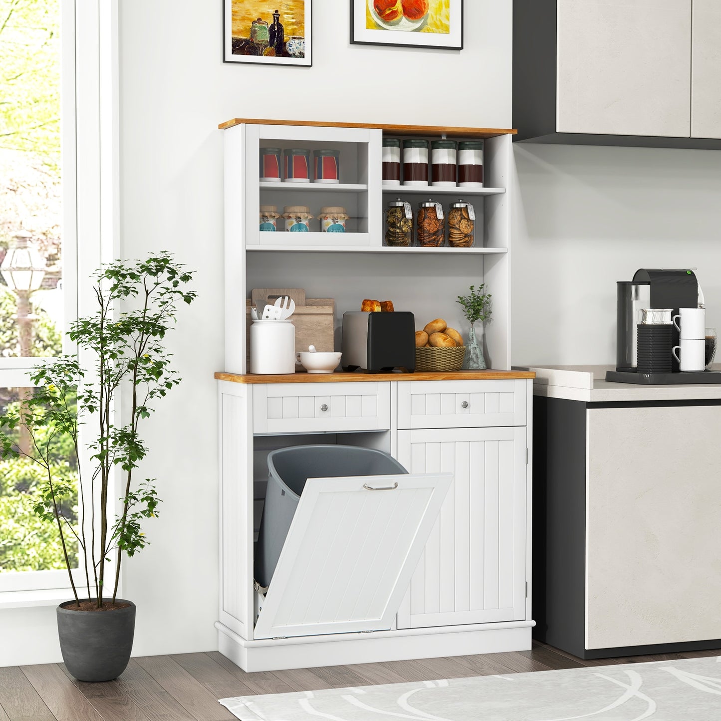 Tilt Out Trash Cabinet with Hutch Storage and Solid Rubberwood Countertop Double Bin Design