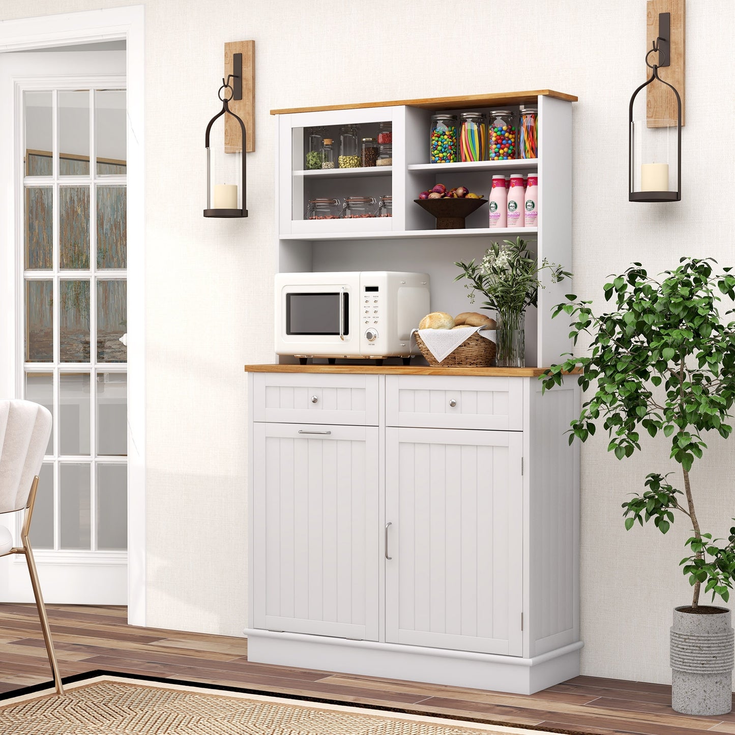 Tilt Out Trash Cabinet with Hutch Storage and Solid Rubberwood Countertop Double Bin Design