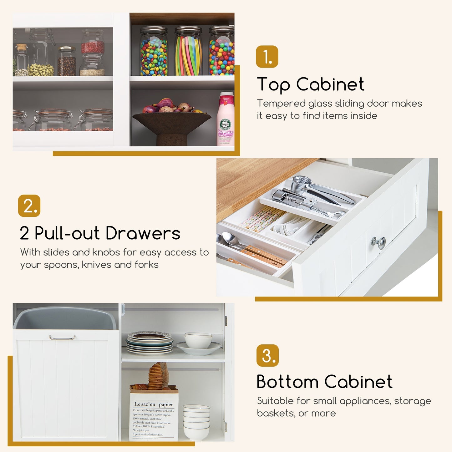 Tilt Out Trash Cabinet with Hutch Storage and Solid Rubberwood Countertop Double Bin Design