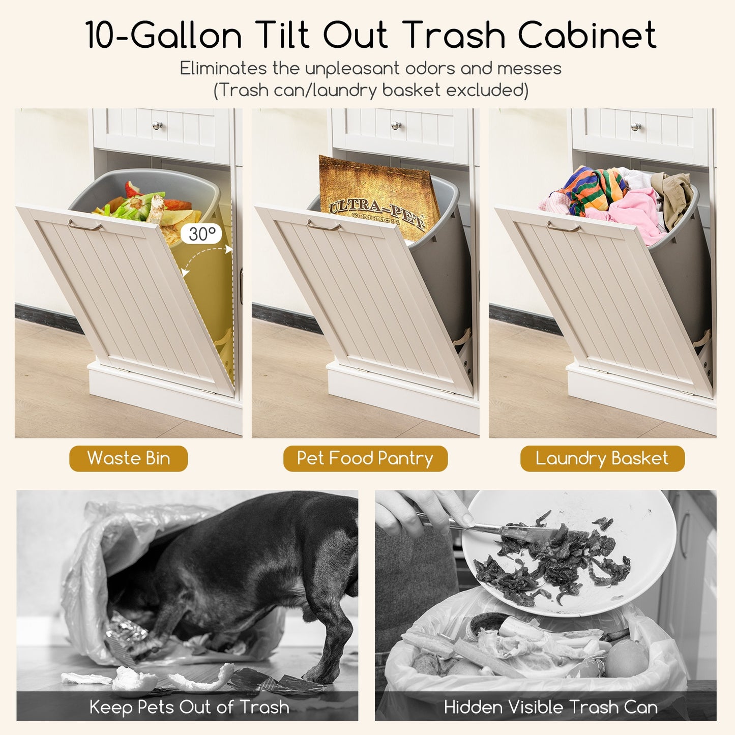 Tilt Out Trash Cabinet with Hutch Storage and Solid Rubberwood Countertop Double Bin Design