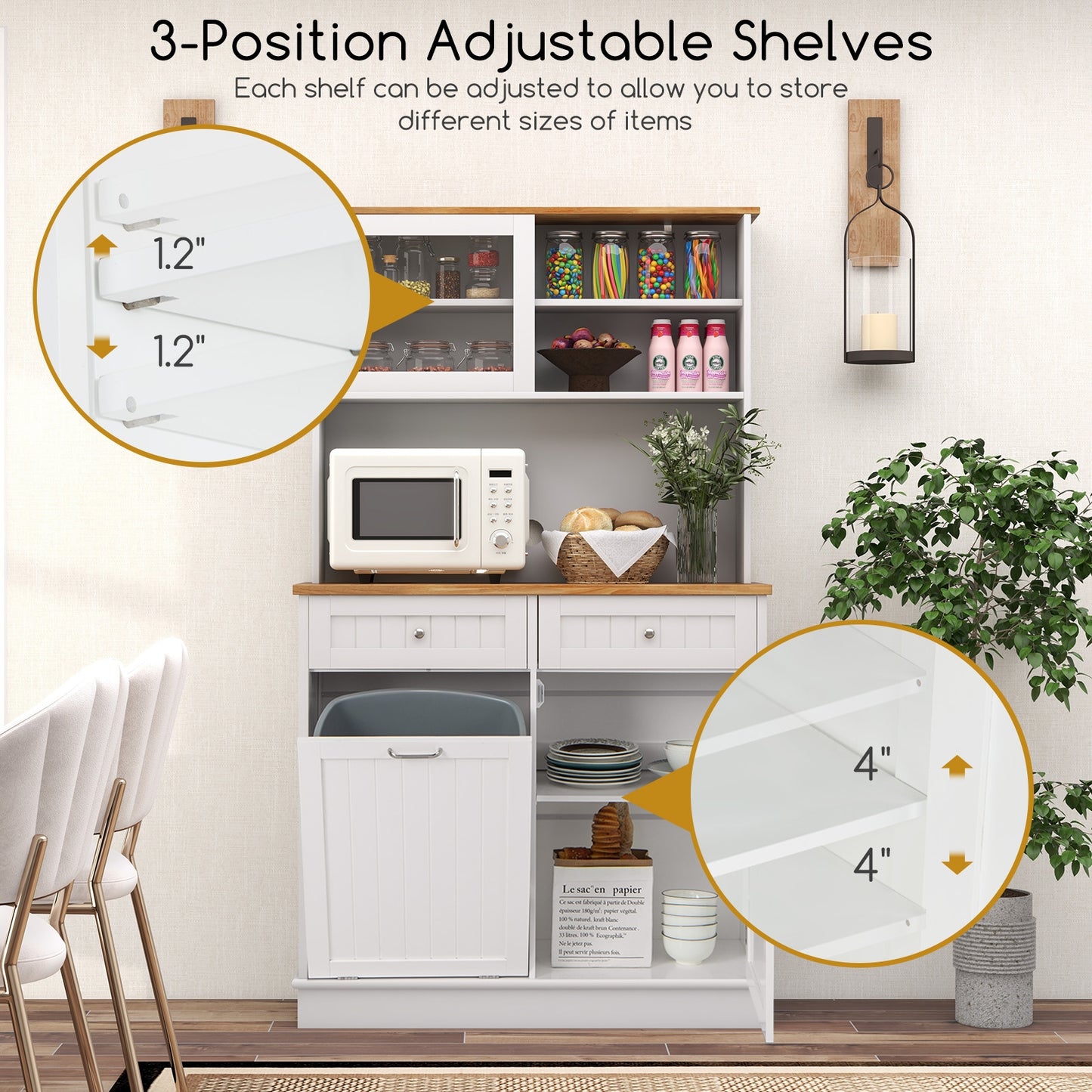 Tilt Out Trash Cabinet with Hutch Storage and Solid Rubberwood Countertop Double Bin Design