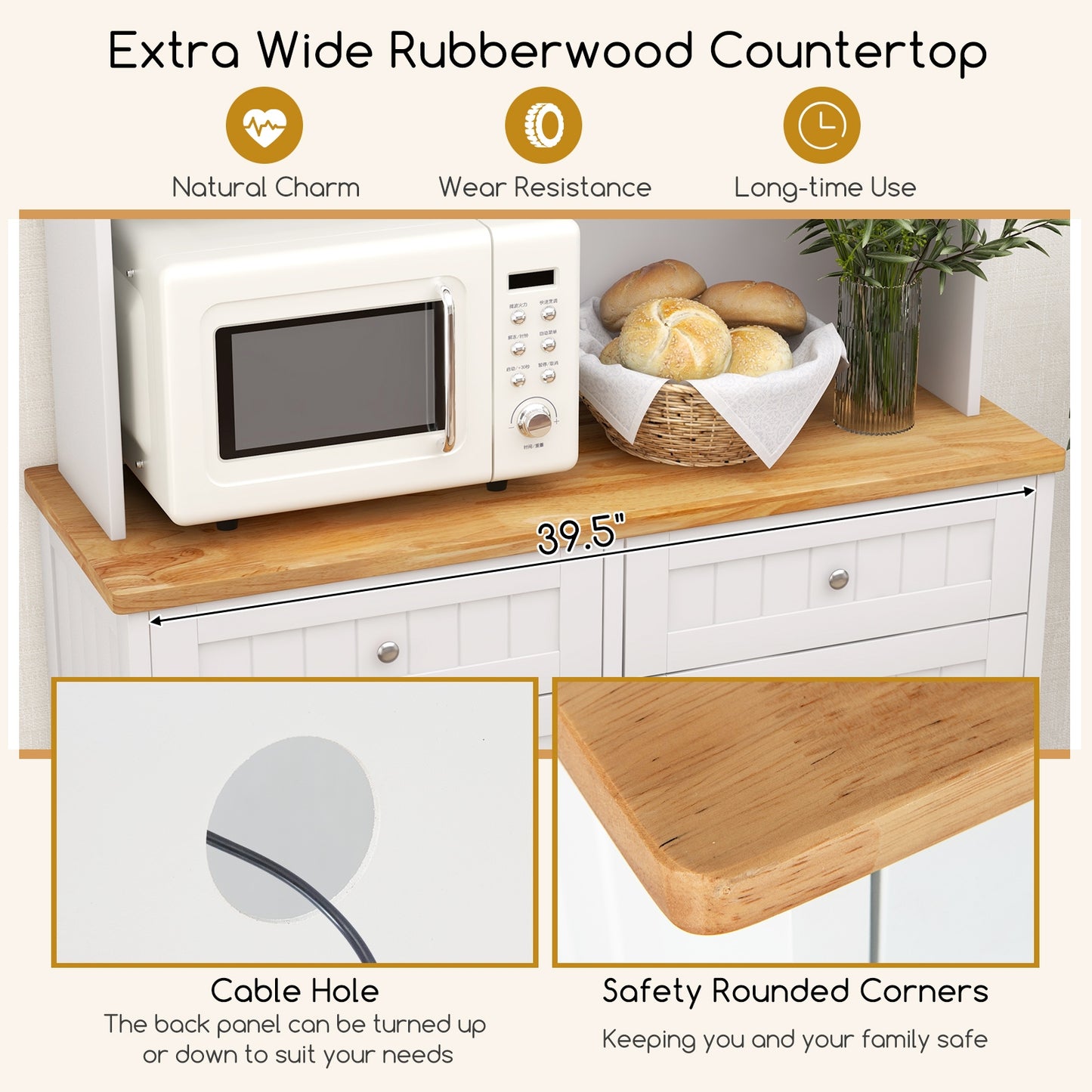 Tilt Out Trash Cabinet with Hutch Storage and Solid Rubberwood Countertop Double Bin Design