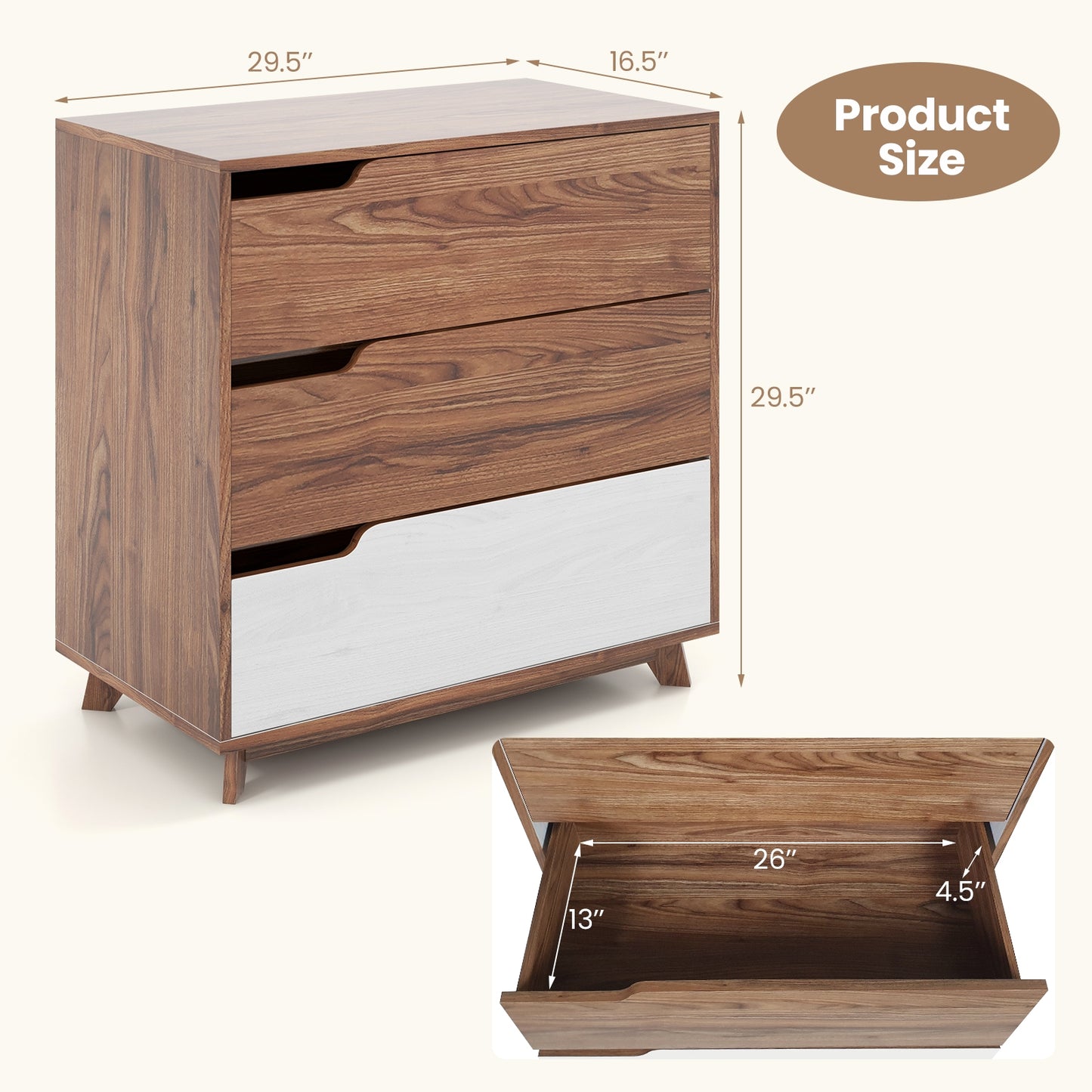 Rustic Farmhouse 3-Drawer Wooden Dresser for Bedroom, Living Room & Entryway Storage