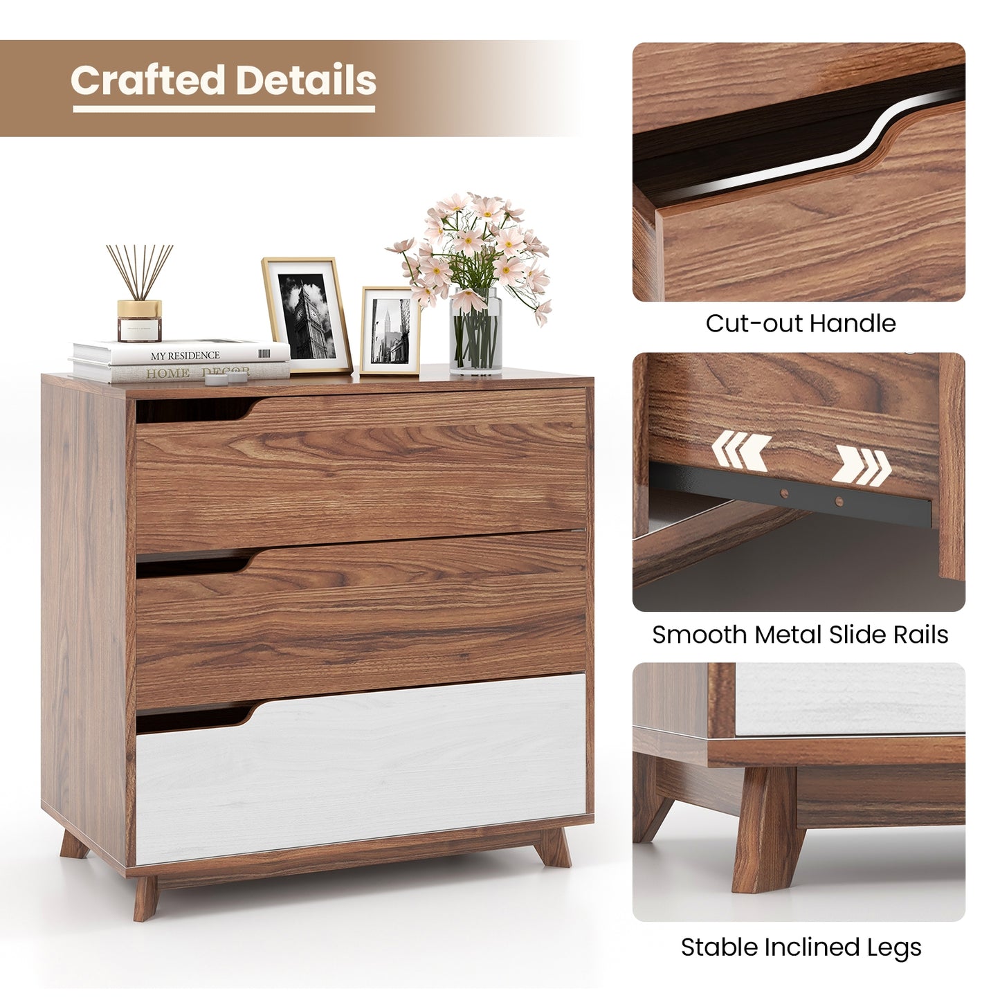 Rustic Farmhouse 3-Drawer Wooden Dresser for Bedroom, Living Room & Entryway Storage