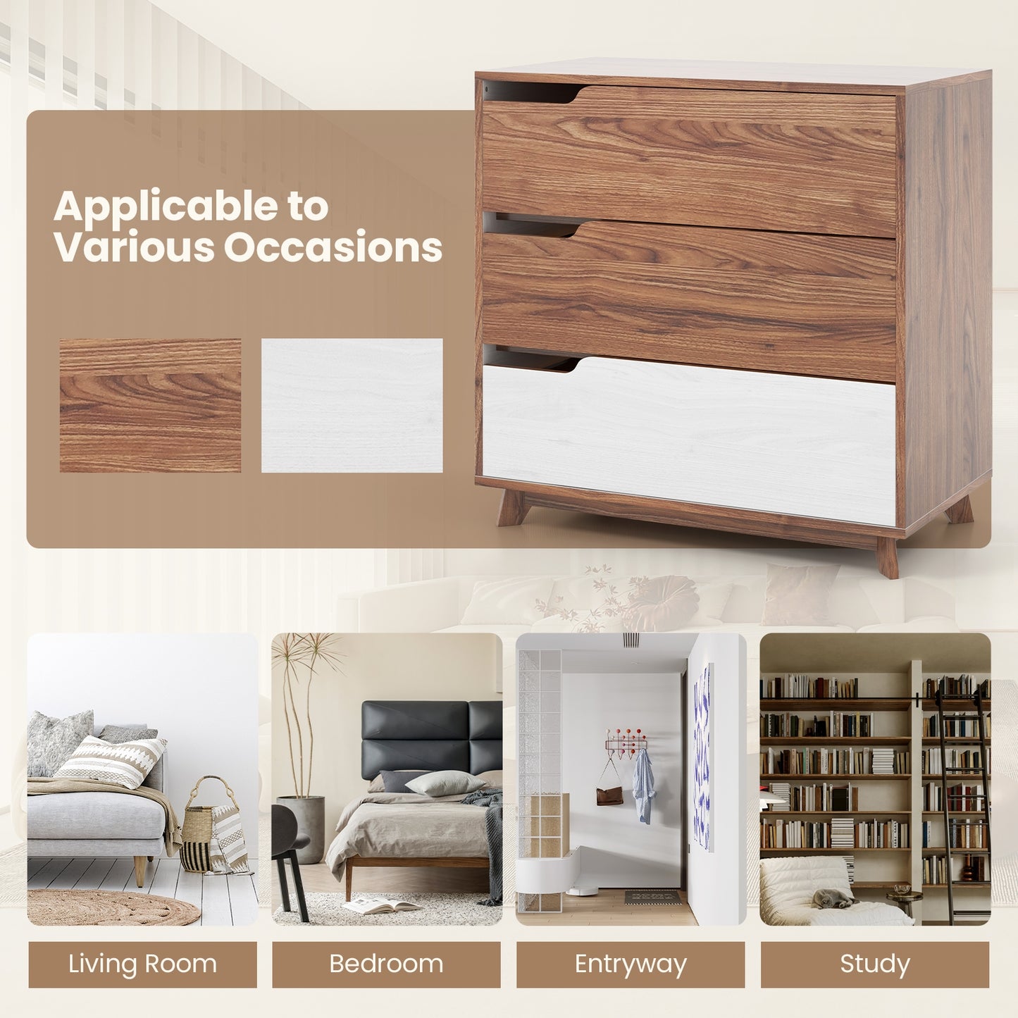 Rustic Farmhouse 3-Drawer Wooden Dresser for Bedroom, Living Room & Entryway Storage