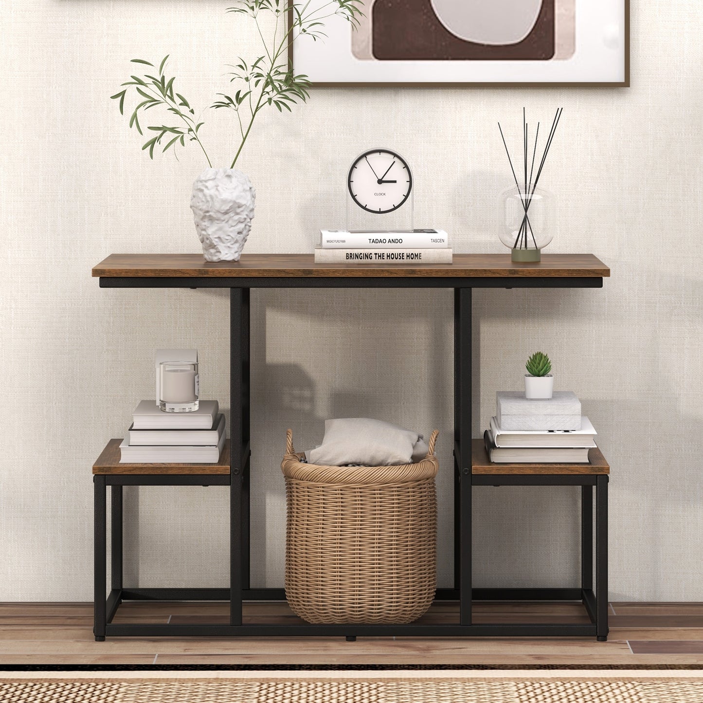Rustic Wood Console Table with Open Storage for TVs up to 50 Inches