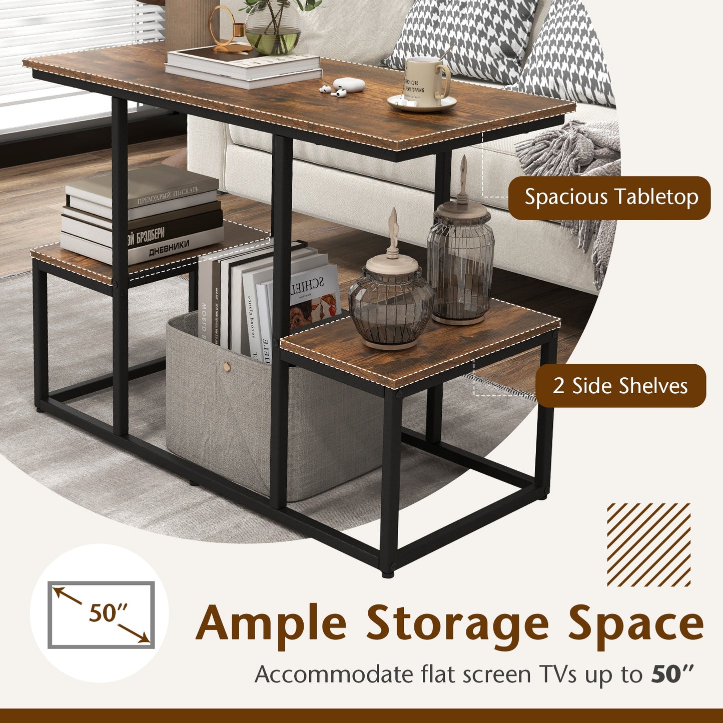 Rustic Wood Console Table with Open Storage for TVs up to 50 Inches