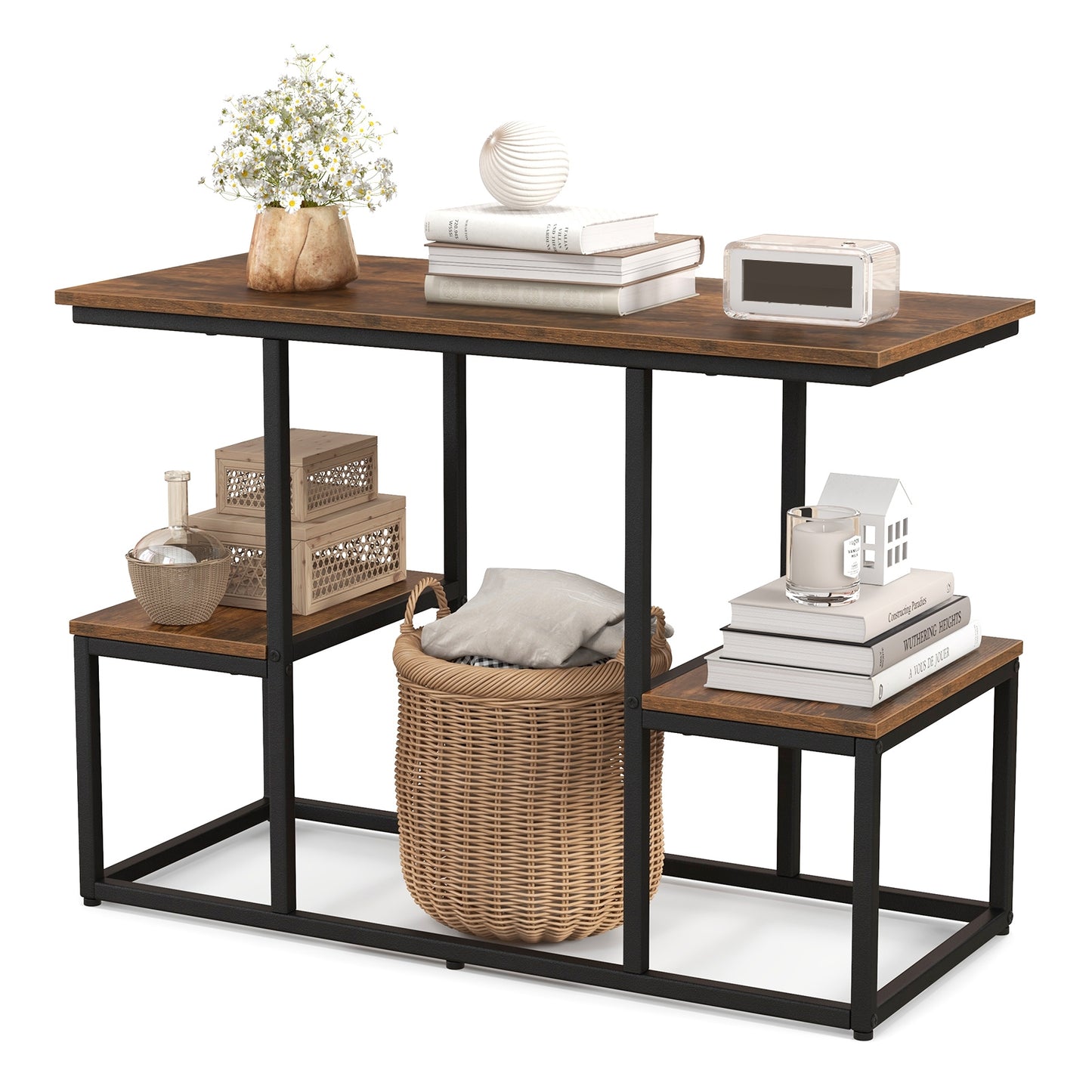 Rustic Wood Console Table with Open Storage for TVs up to 50 Inches