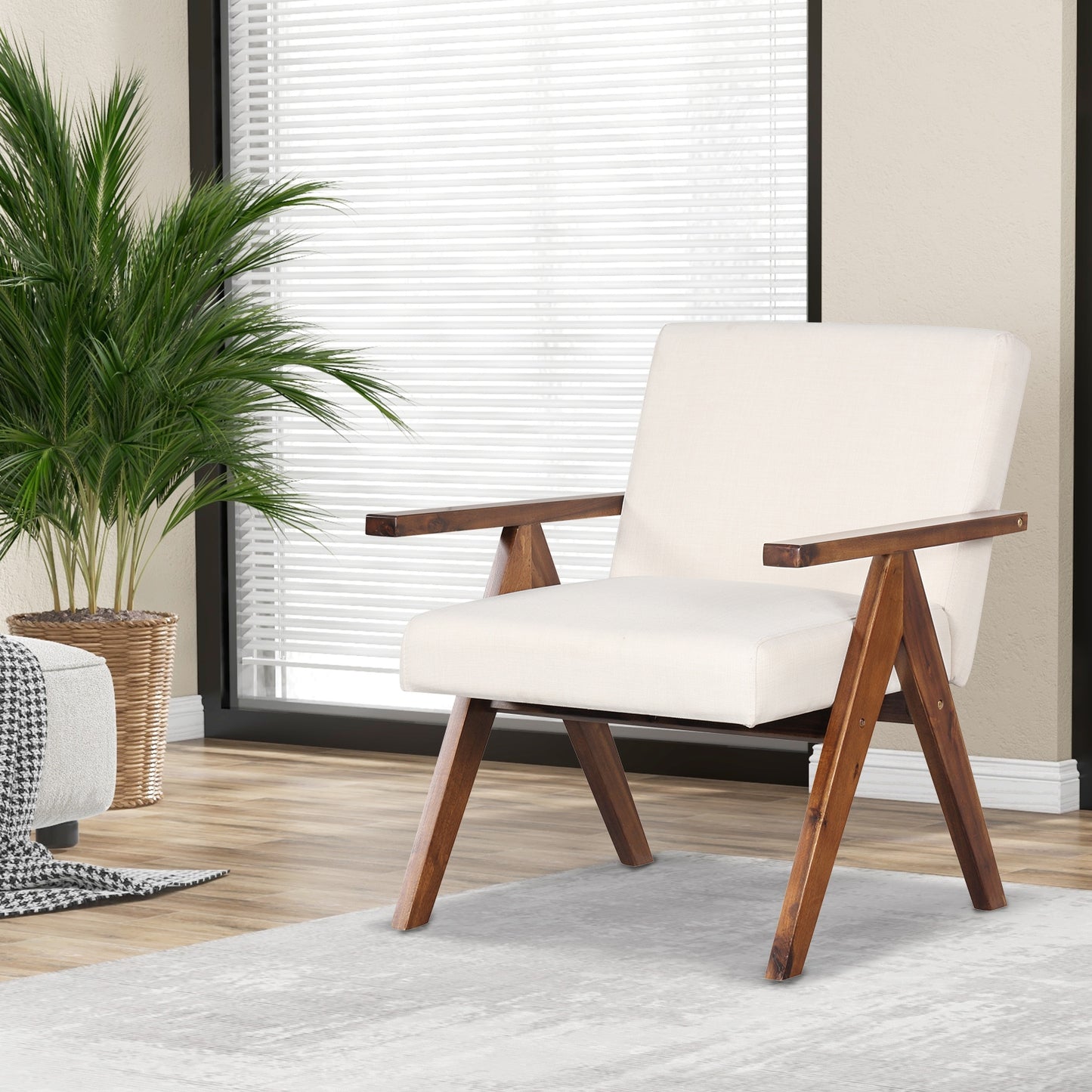 Acacia Wood Accent Chair with Padded Cushion and Linen Cover Beige