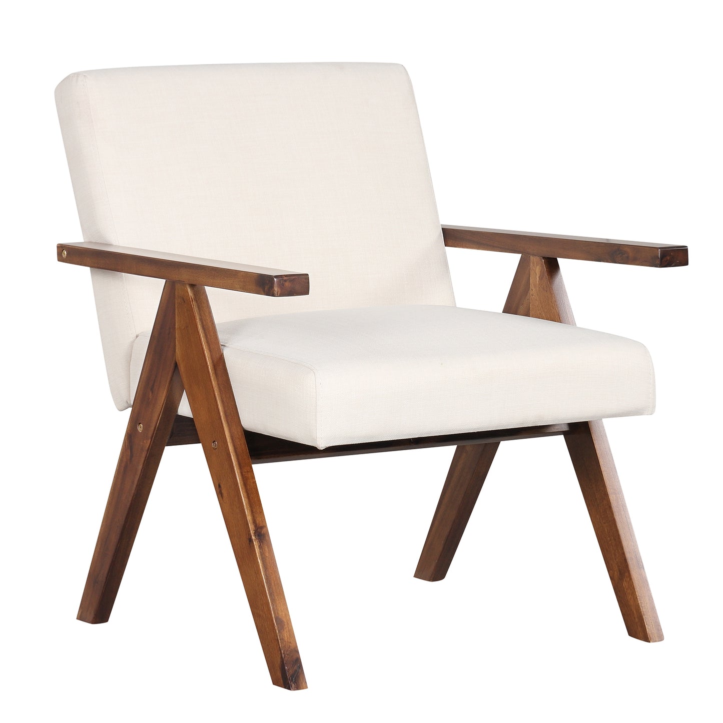 Acacia Wood Accent Chair with Padded Cushion and Linen Cover Beige