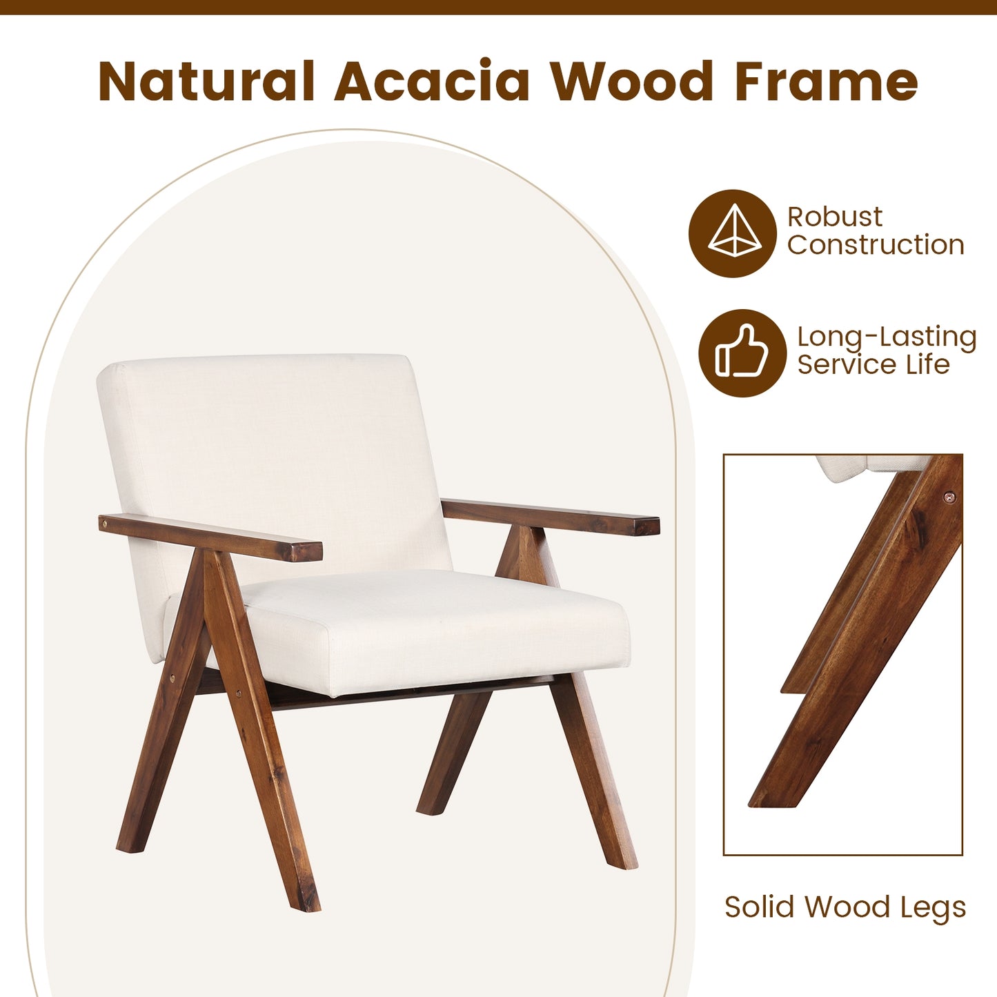 Acacia Wood Accent Chair with Padded Cushion and Linen Cover Beige