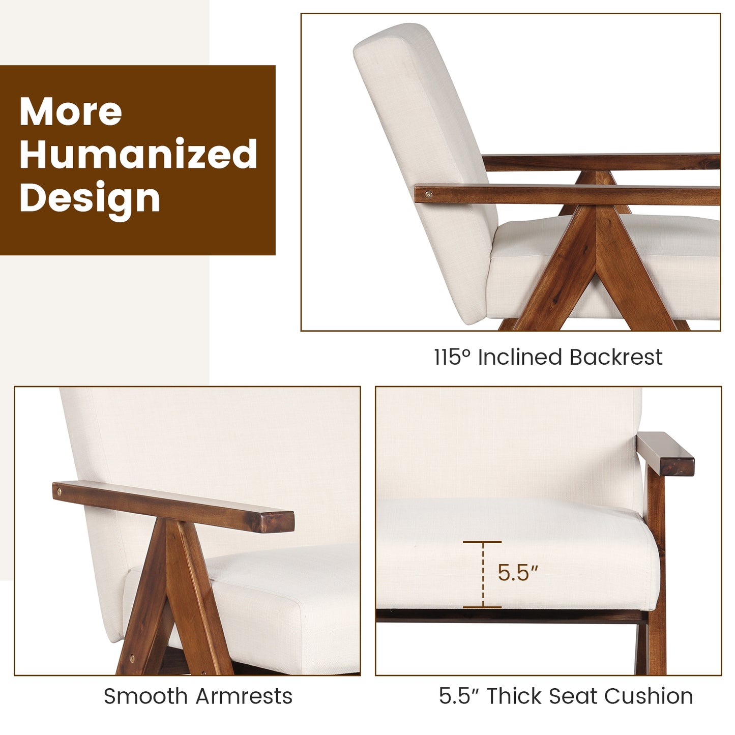 Acacia Wood Accent Chair with Padded Cushion and Linen Cover Beige