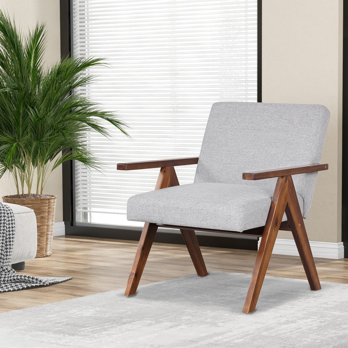 Acacia Wood Accent Chair with Padded Cushion and Linen Cover Grey