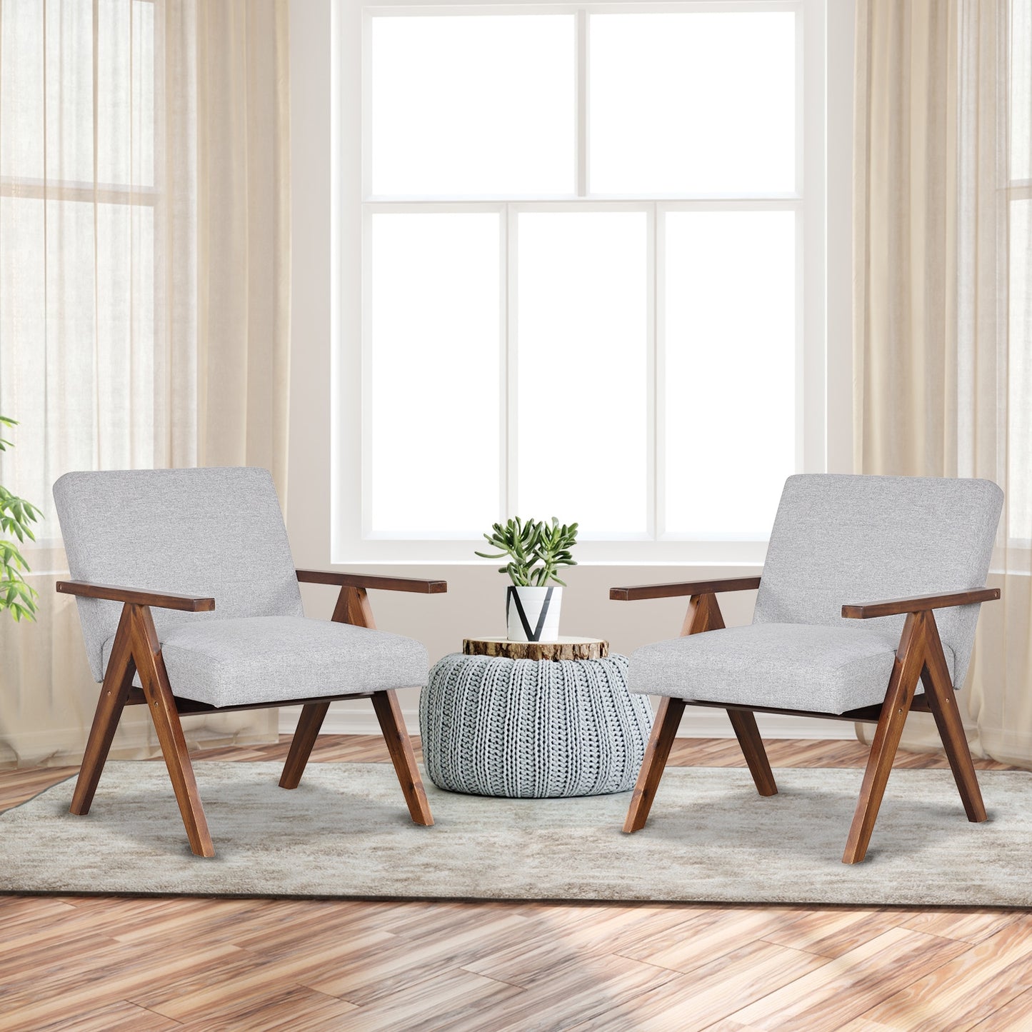 Acacia Wood Accent Chair with Padded Cushion and Linen Cover Grey