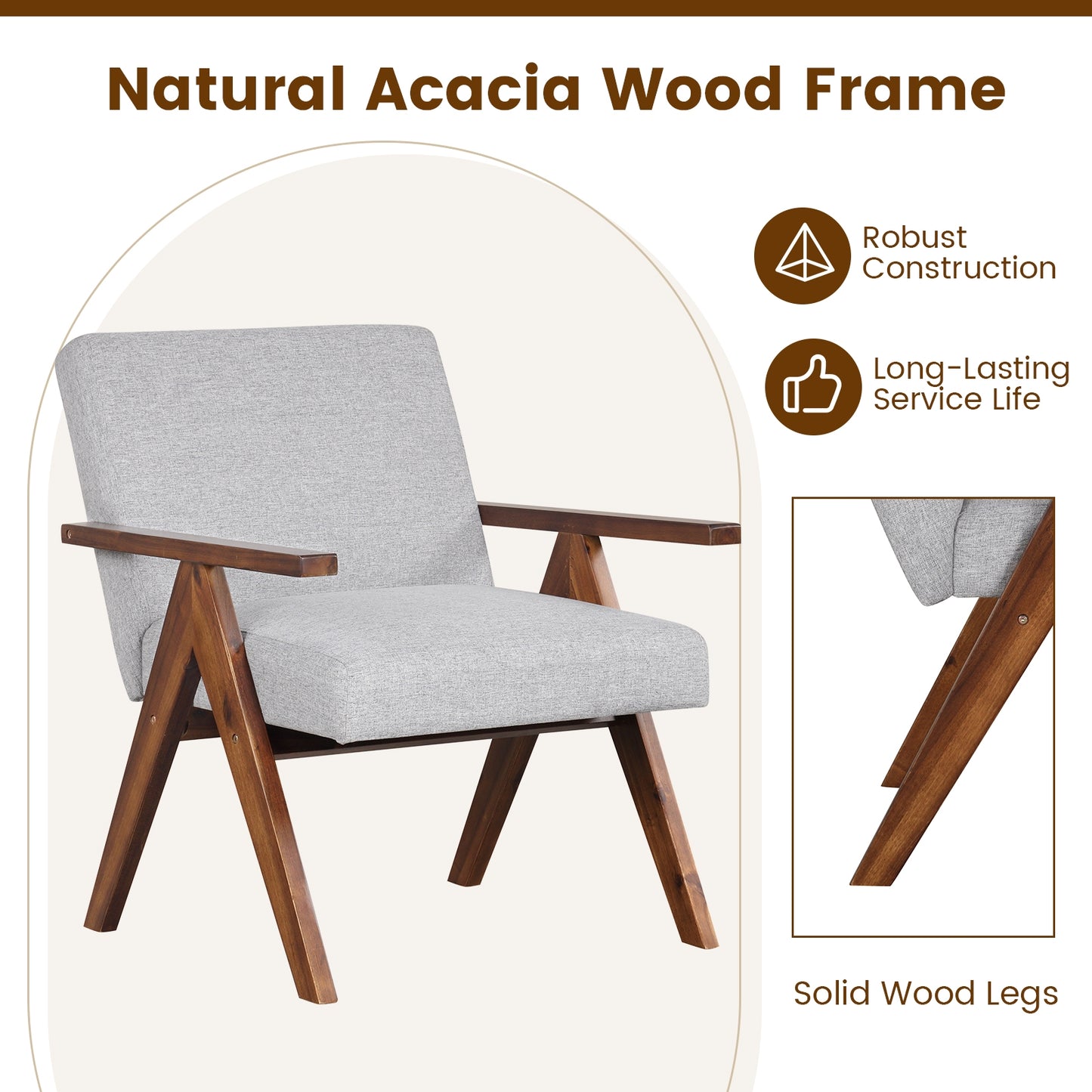 Acacia Wood Accent Chair with Padded Cushion and Linen Cover Grey