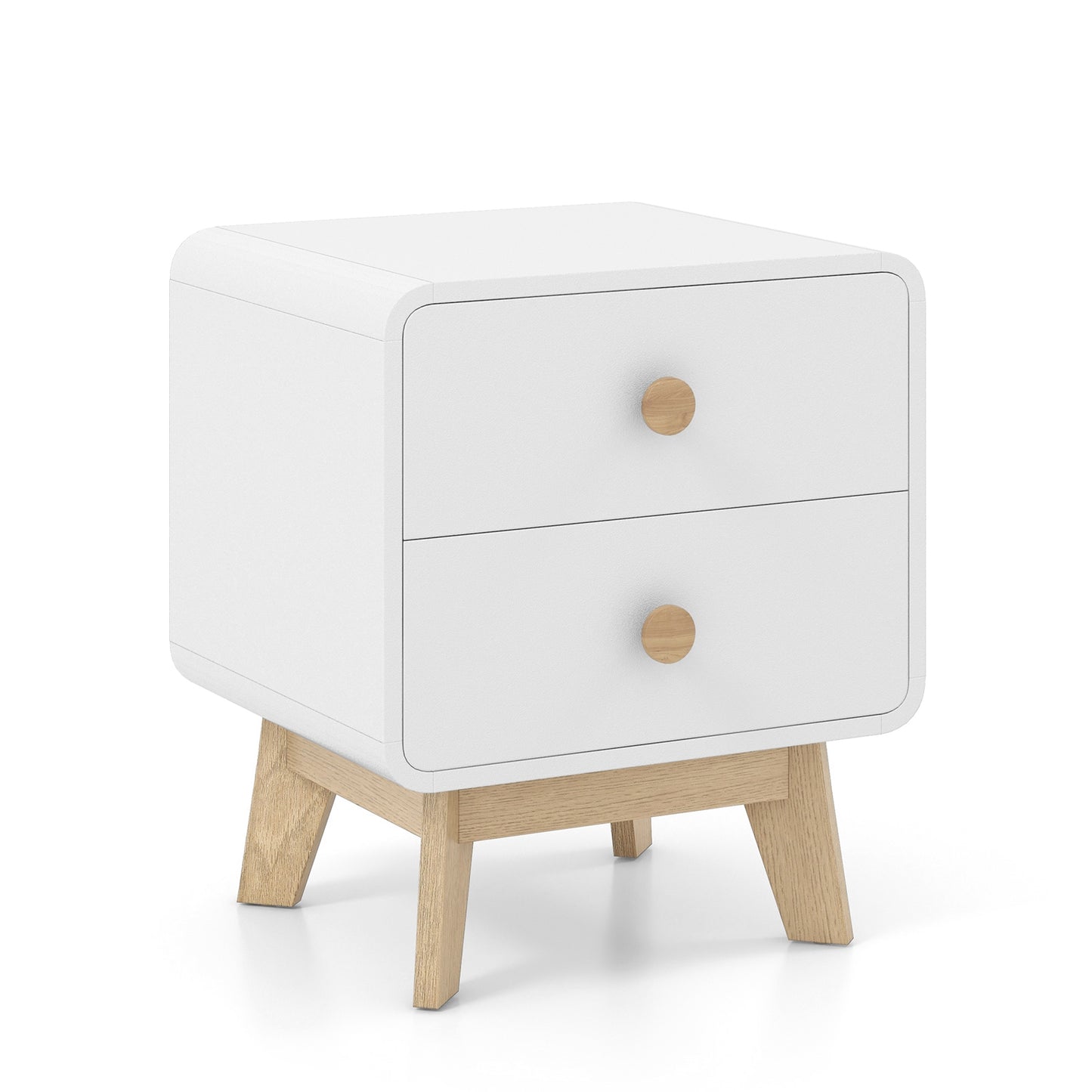 Two Drawer Nightstand with Solid Rubber Wood Legs White