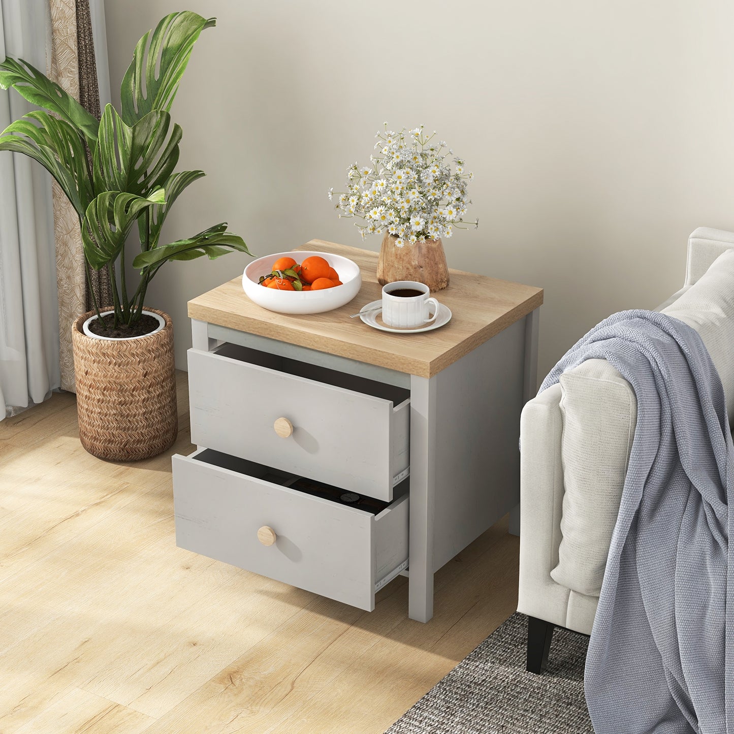 Farmhouse 2-Drawer Nightstand with Solid Rubber Wood Legs Grey
