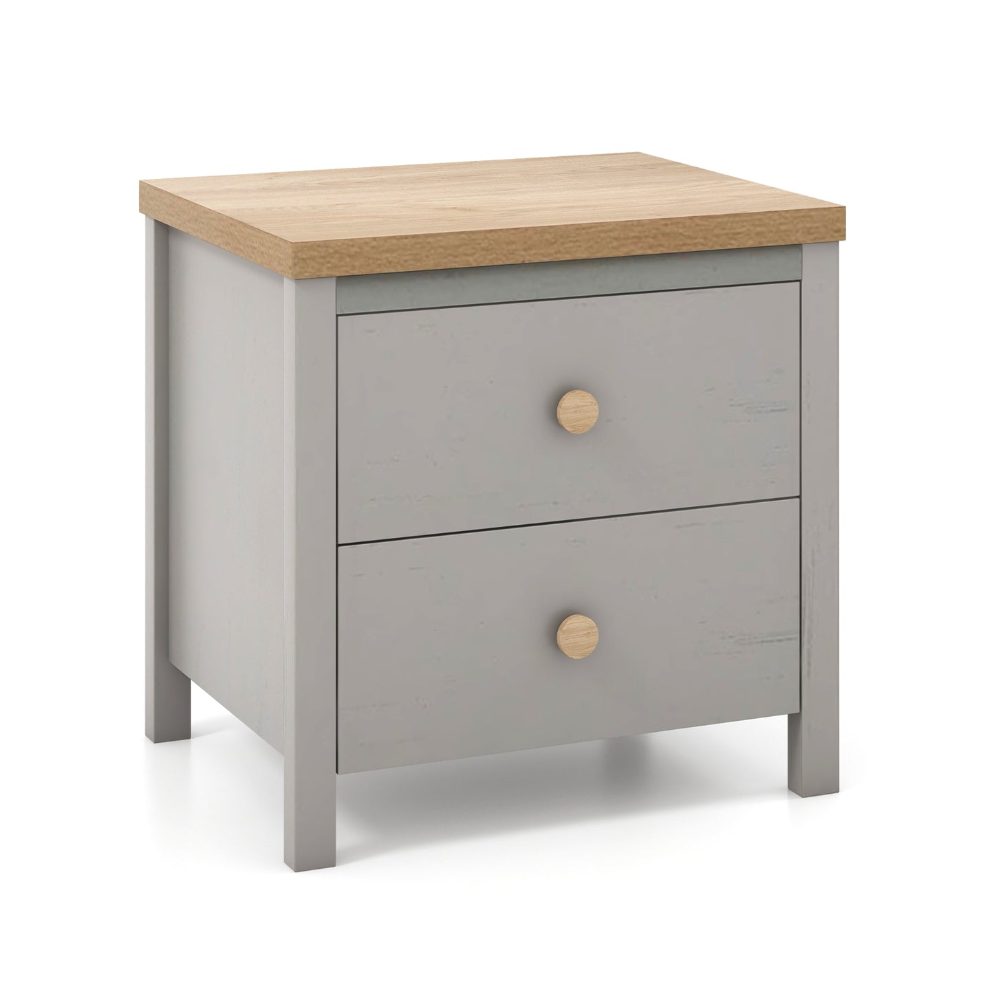 Farmhouse 2-Drawer Nightstand with Solid Rubber Wood Legs Grey