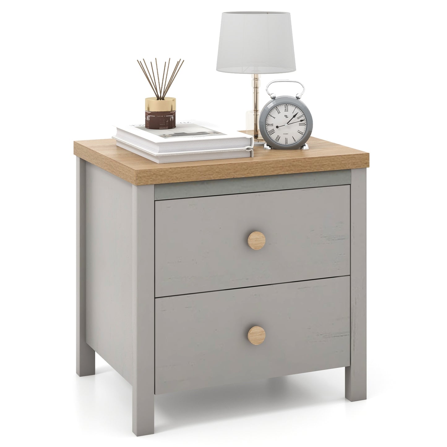 Farmhouse 2-Drawer Nightstand with Solid Rubber Wood Legs Grey