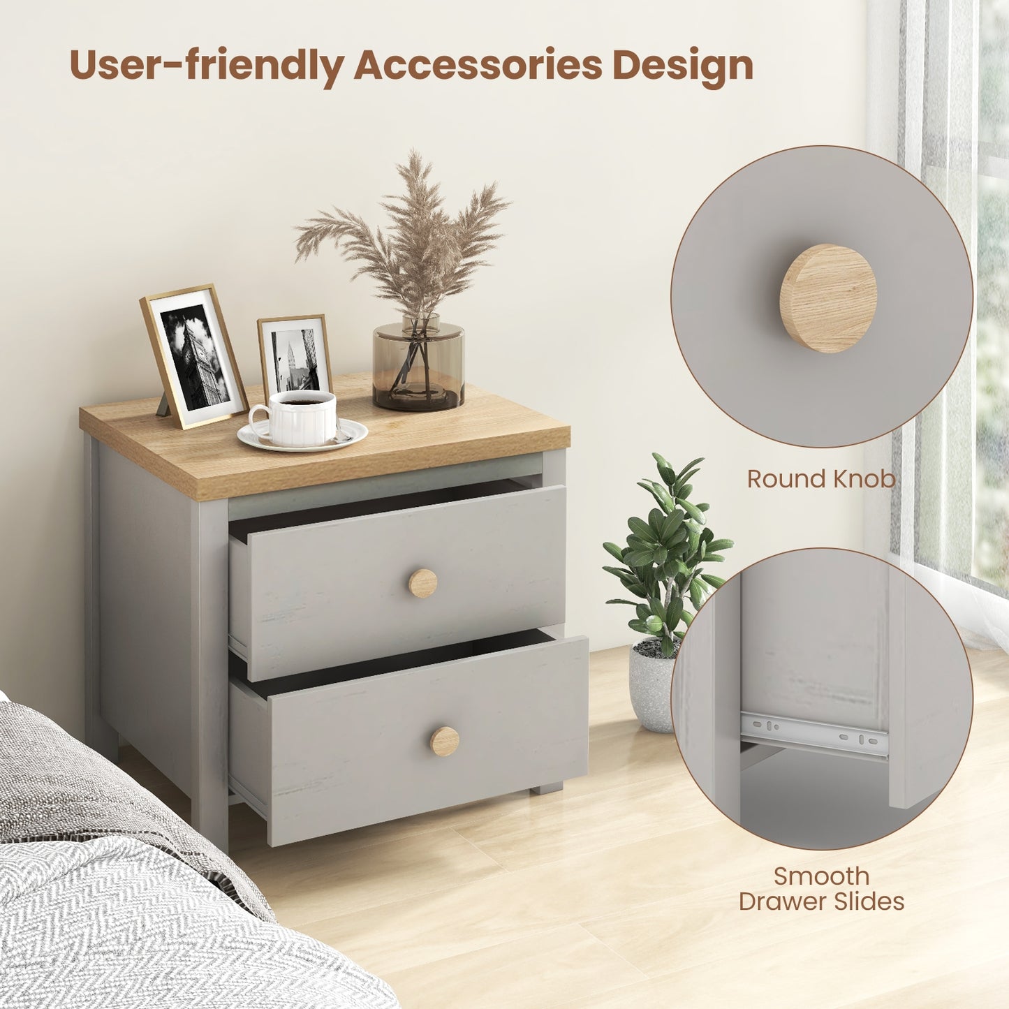 Farmhouse 2-Drawer Nightstand with Solid Rubber Wood Legs Grey