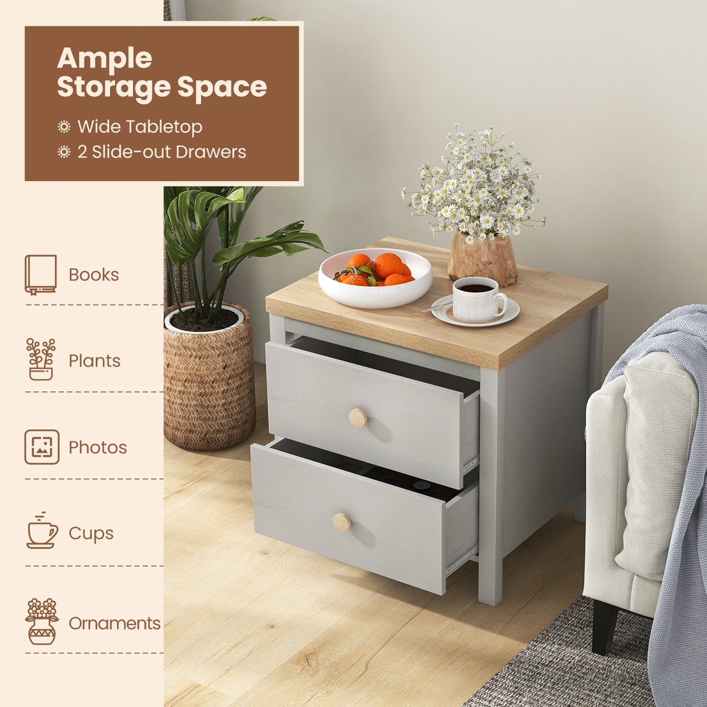 Farmhouse 2-Drawer Nightstand with Solid Rubber Wood Legs Grey