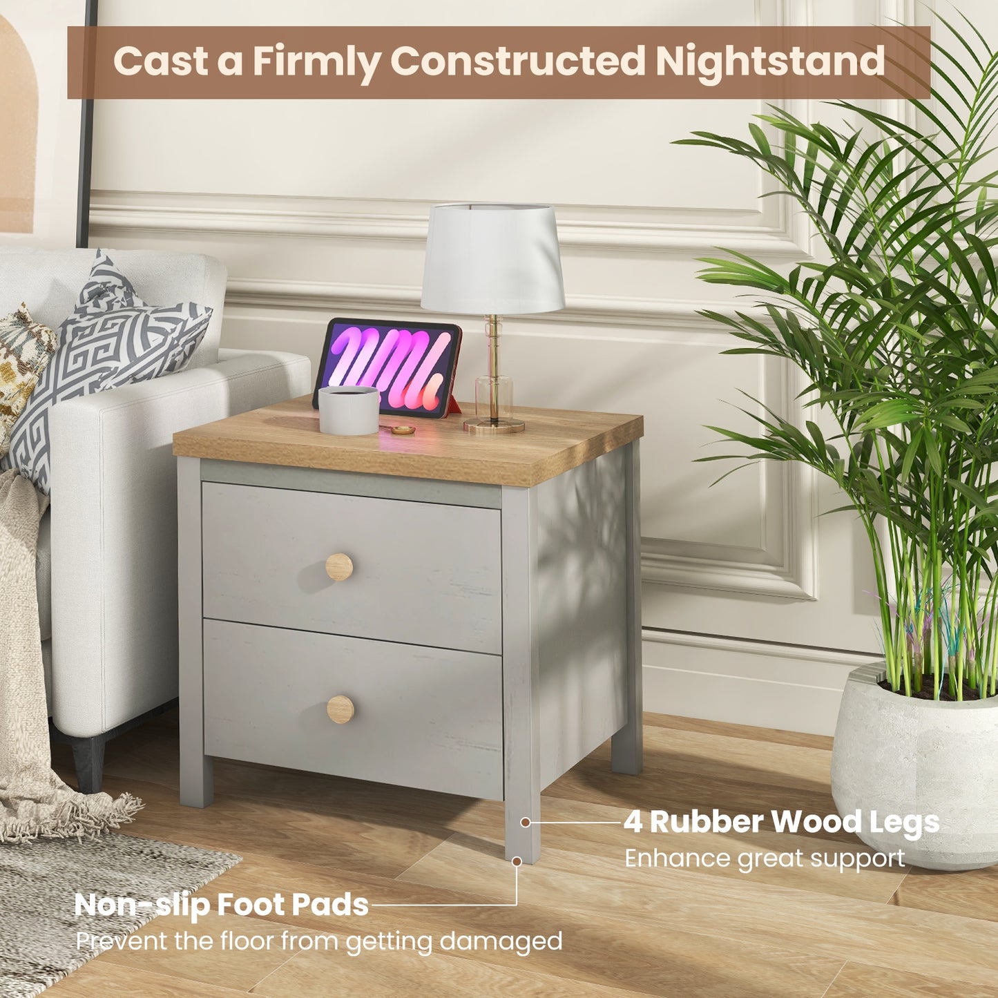 Farmhouse 2-Drawer Nightstand with Solid Rubber Wood Legs Grey