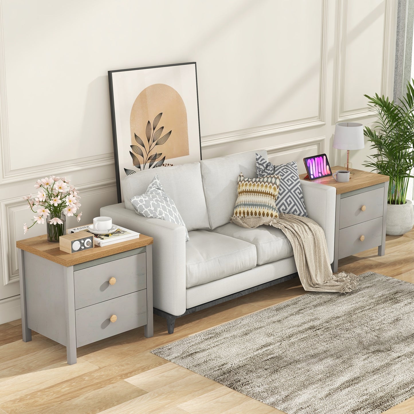 Farmhouse 2-Drawer Nightstand with Solid Rubber Wood Legs Grey
