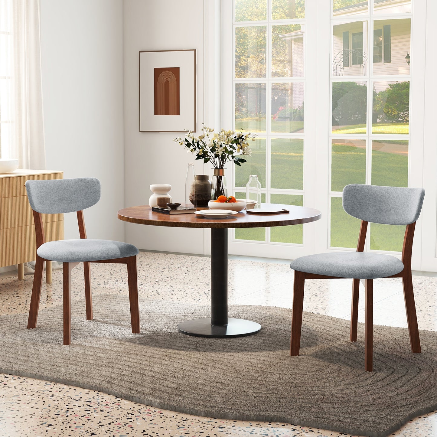 Upholstered Dining Chairs with Mid-Back Design and Solid Rubber Wood Frame – Grey, Set of 2