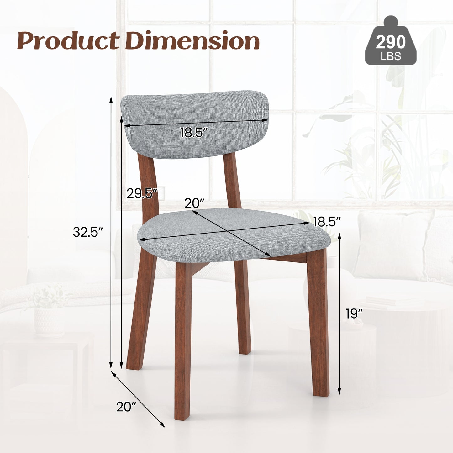 Upholstered Dining Chairs with Mid-Back Design and Solid Rubber Wood Frame – Grey, Set of 2