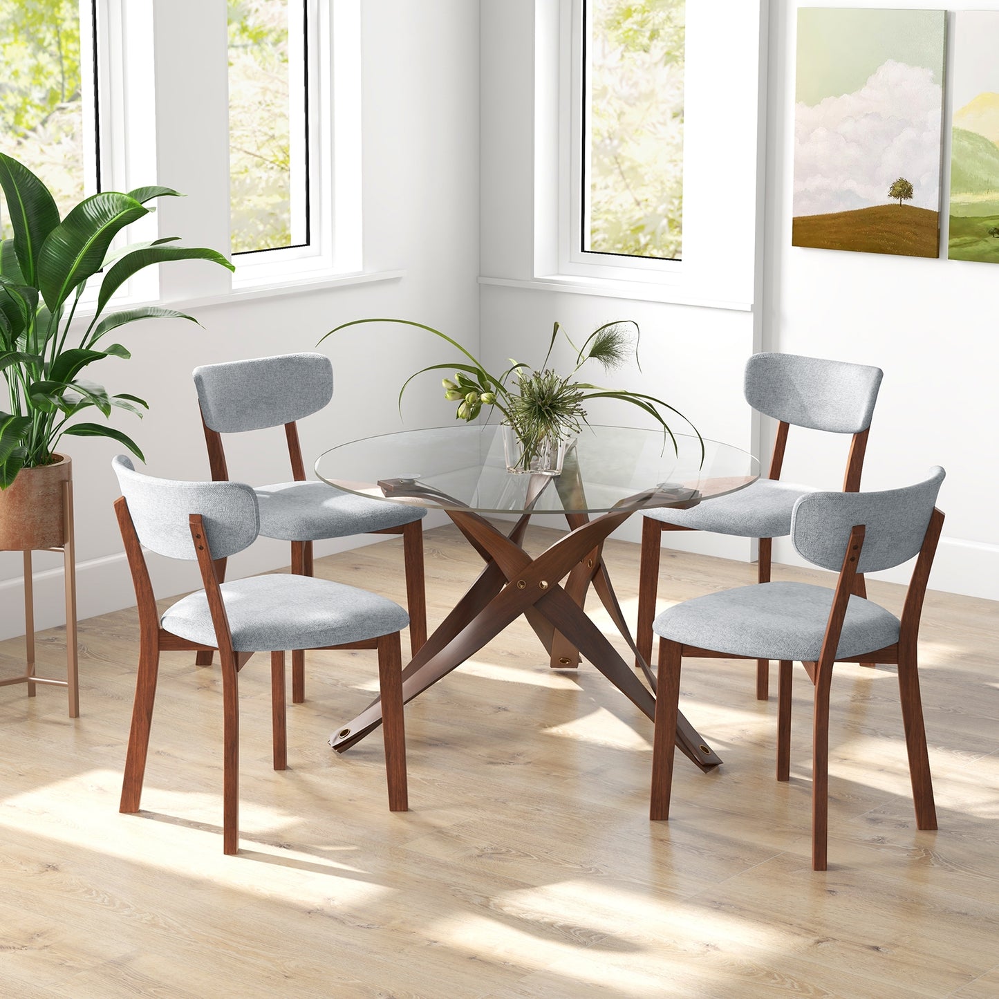 Upholstered Dining Chairs with Mid-Back Design and Solid Rubber Wood Frame – Grey, Set of 2