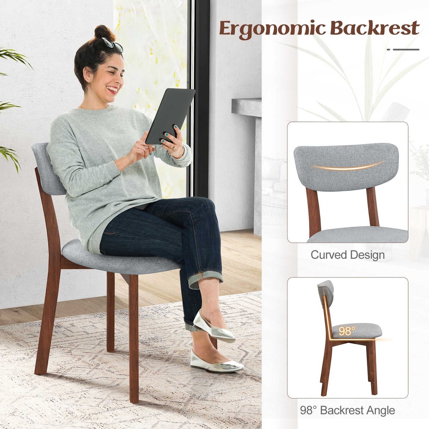 Upholstered Dining Chairs with Mid-Back Design and Solid Rubber Wood Frame – Grey, Set of 2