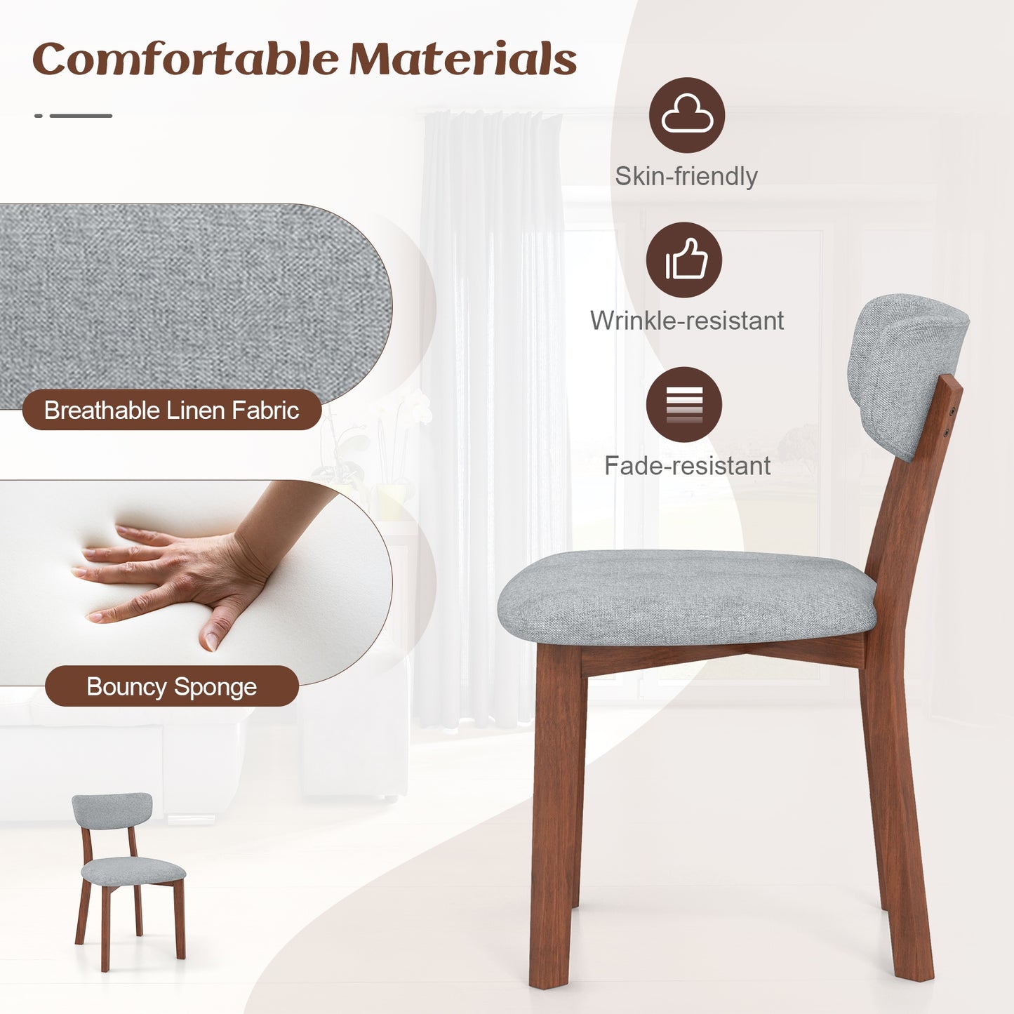 Upholstered Dining Chairs with Mid-Back Design and Solid Rubber Wood Frame – Grey, Set of 2