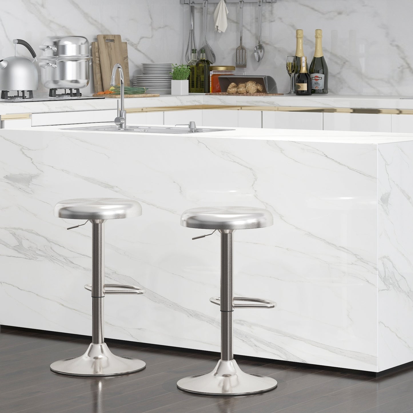 Modern Adjustable Swivel Bar Stool with Footrest and Stainless Steel Seat, Set of 2