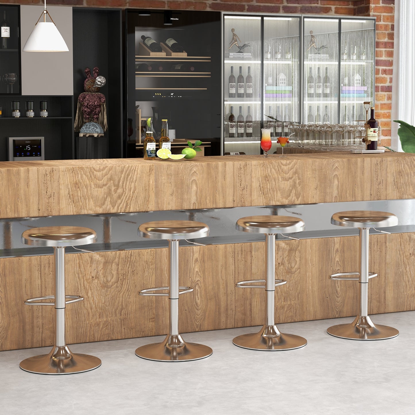 Modern Adjustable Swivel Bar Stool with Footrest and Stainless Steel Seat, Set of 2