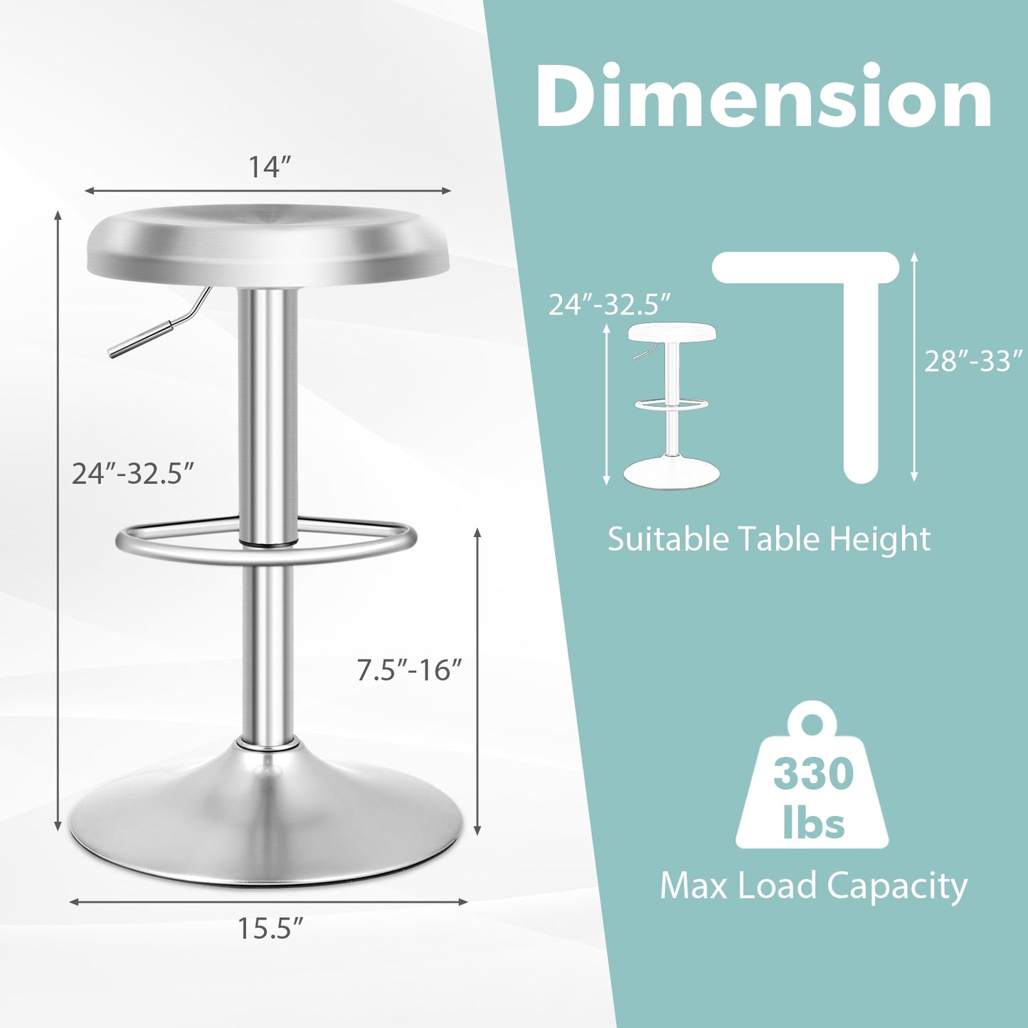 Modern Adjustable Swivel Bar Stool with Footrest and Stainless Steel Seat, Set of 2