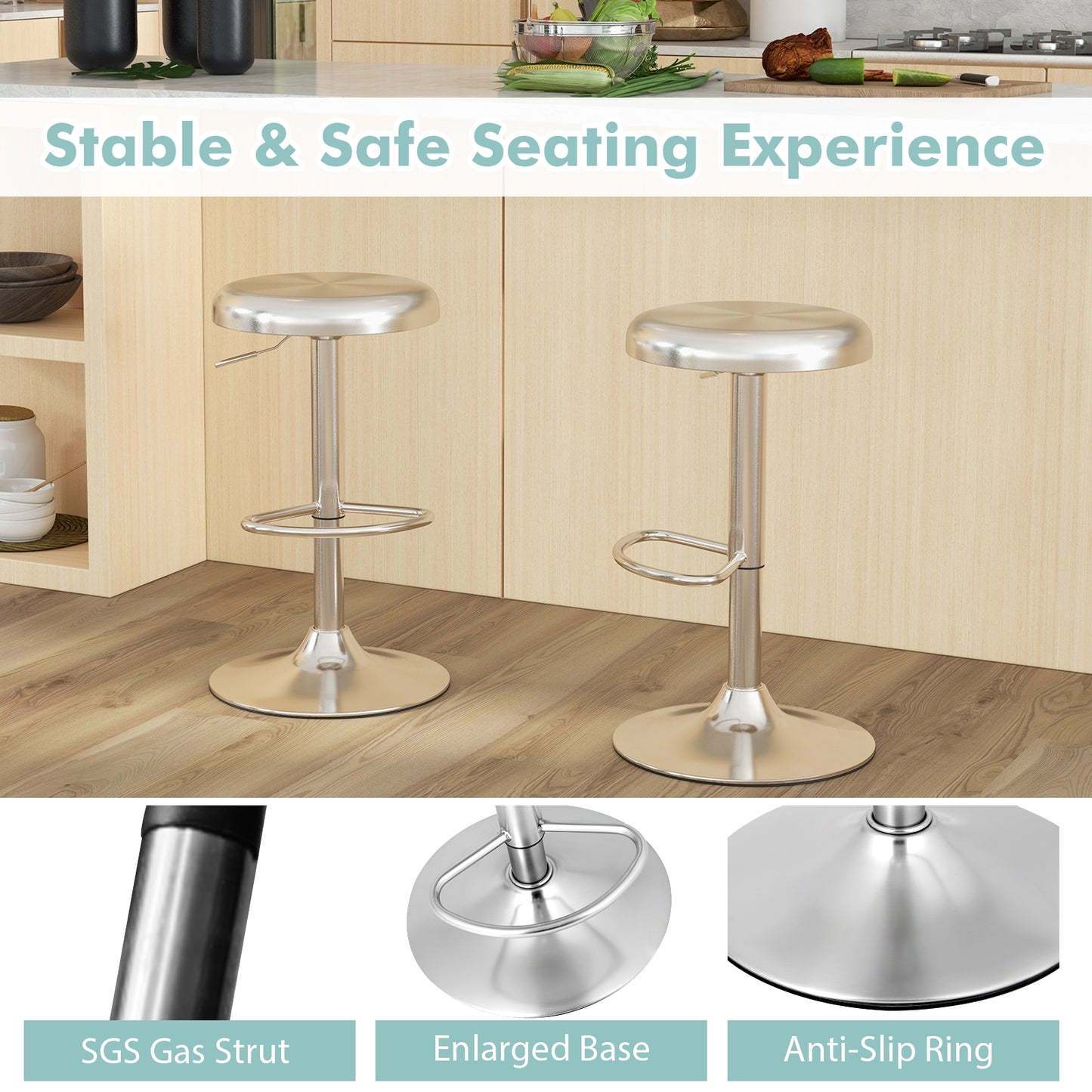 Modern Adjustable Swivel Bar Stool with Footrest and Stainless Steel Seat, Set of 2