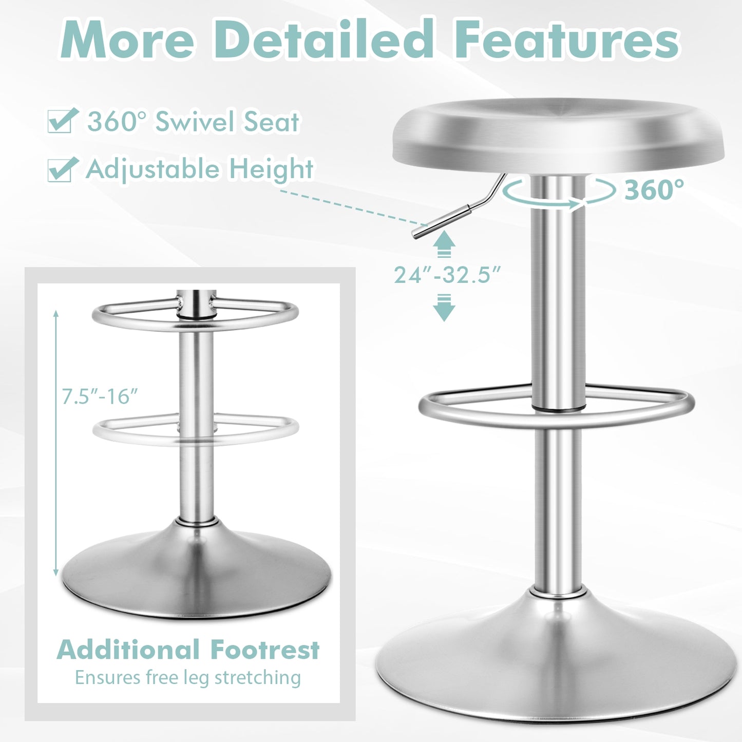 Modern Adjustable Swivel Bar Stool with Footrest and Stainless Steel Seat, Set of 2