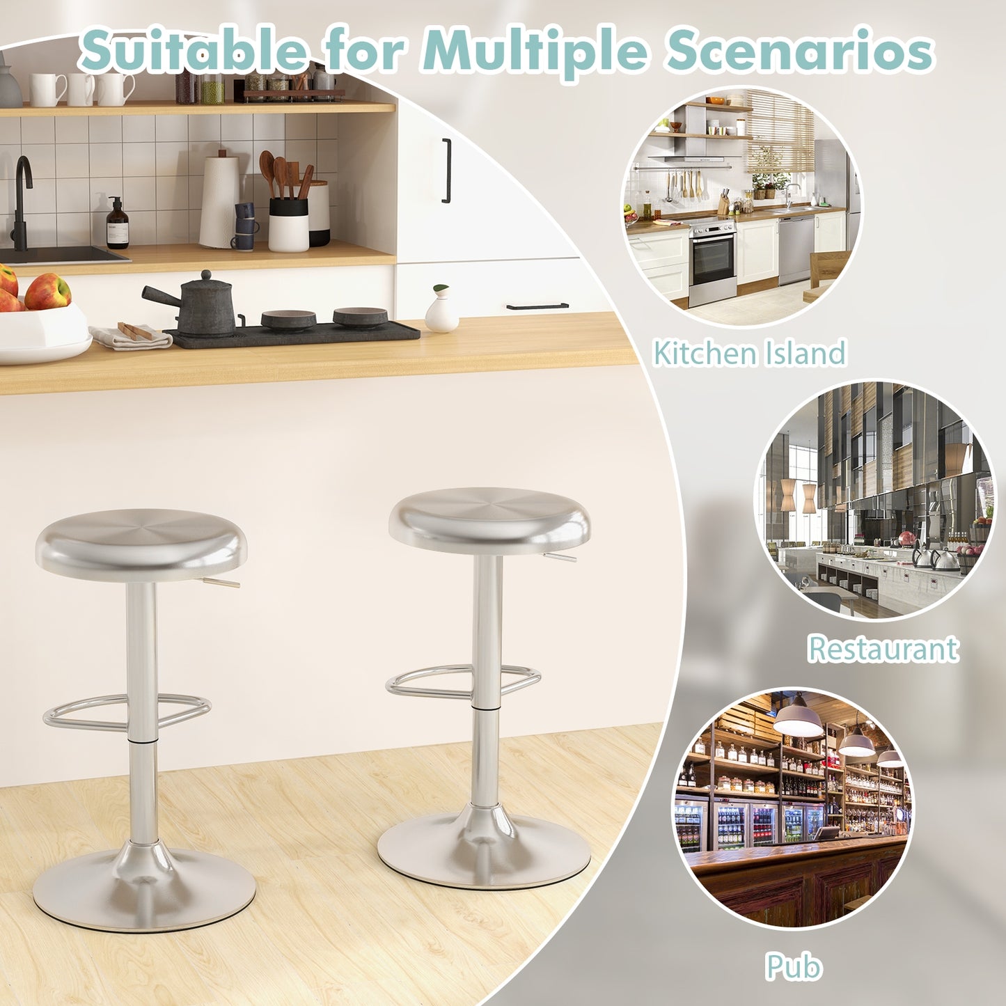 Modern Adjustable Swivel Bar Stool with Footrest and Stainless Steel Seat, Set of 2
