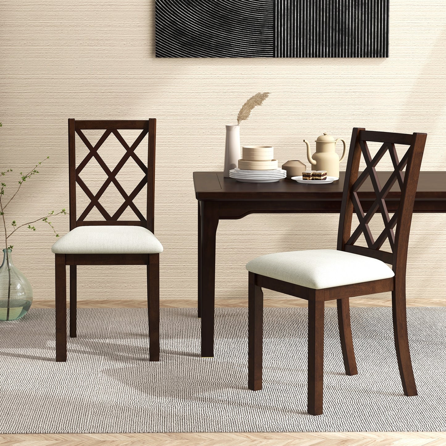 Wooden Dining Chairs with Upholstered Seat Cushion and Durable Rubber Wood Legs - Set of 2