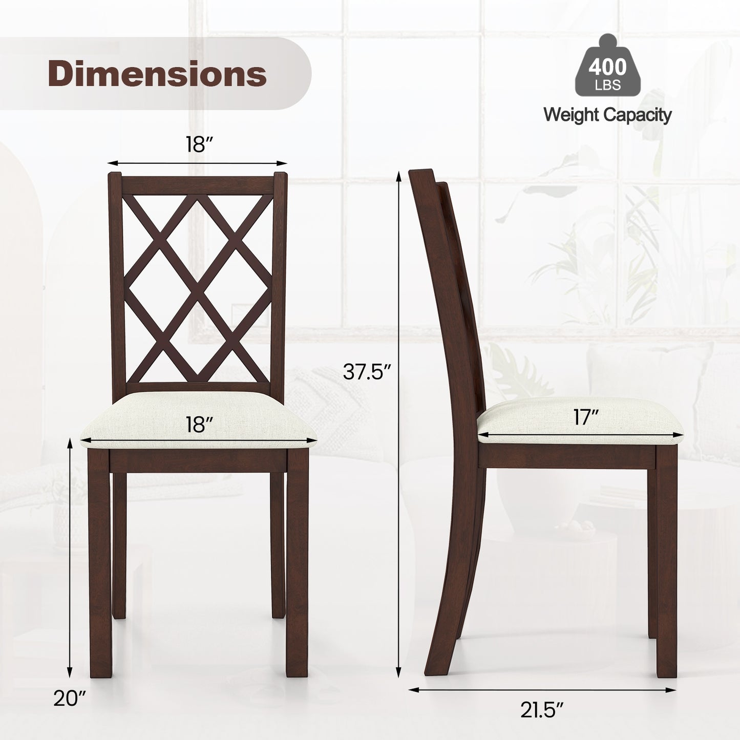 Wooden Dining Chairs with Upholstered Seat Cushion and Durable Rubber Wood Legs - Set of 2