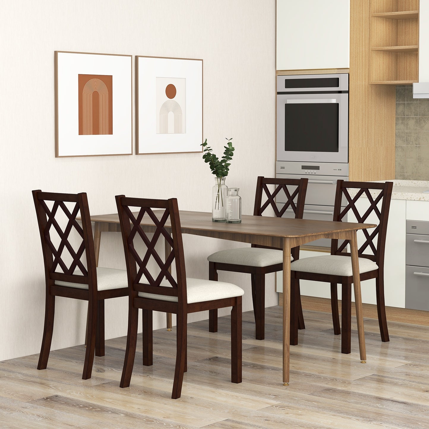 Wooden Dining Chairs with Upholstered Seat Cushion and Durable Rubber Wood Legs - Set of 2