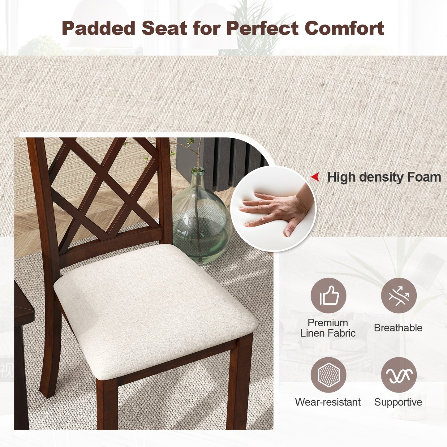 Wooden Dining Chairs with Upholstered Seat Cushion and Durable Rubber Wood Legs - Set of 2