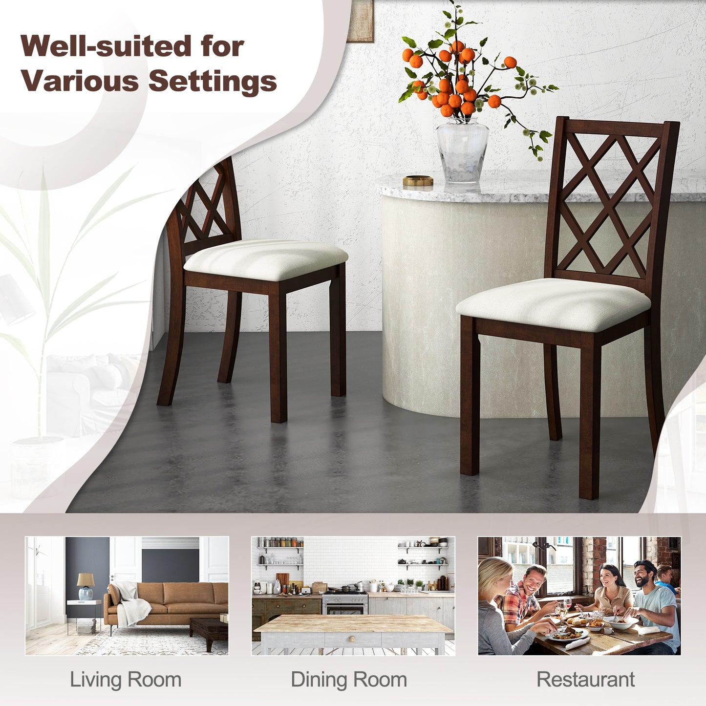Wooden Dining Chairs with Upholstered Seat Cushion and Durable Rubber Wood Legs - Set of 2