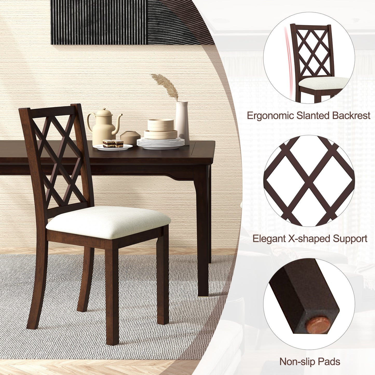 Wooden Dining Chairs with Upholstered Seat Cushion and Durable Rubber Wood Legs - Set of 2